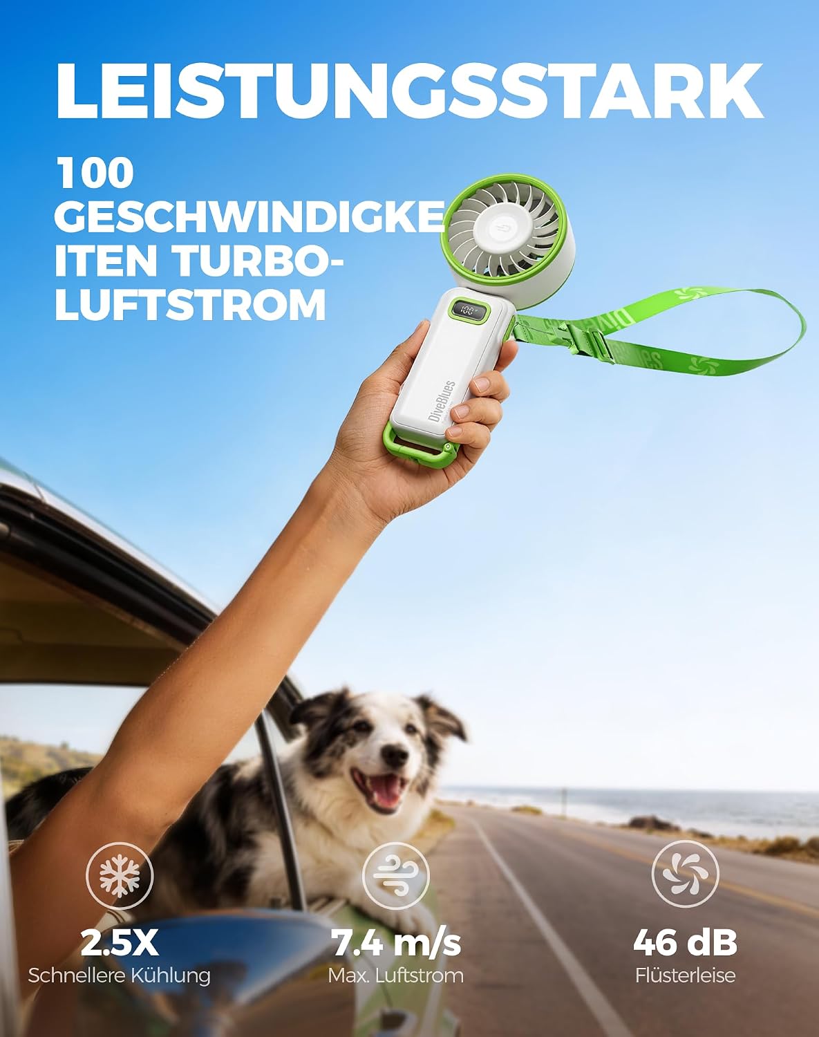 Diveblues Handheld Fan Portable Turbo Fan with 100 Levels and 7.4 m/s Strong Airflow, 180° Foldable 4-in-1 Mini Fan for Hand, Neck and Table, Rechargeable for Summer, Travel and Outdoor Use Mint Green