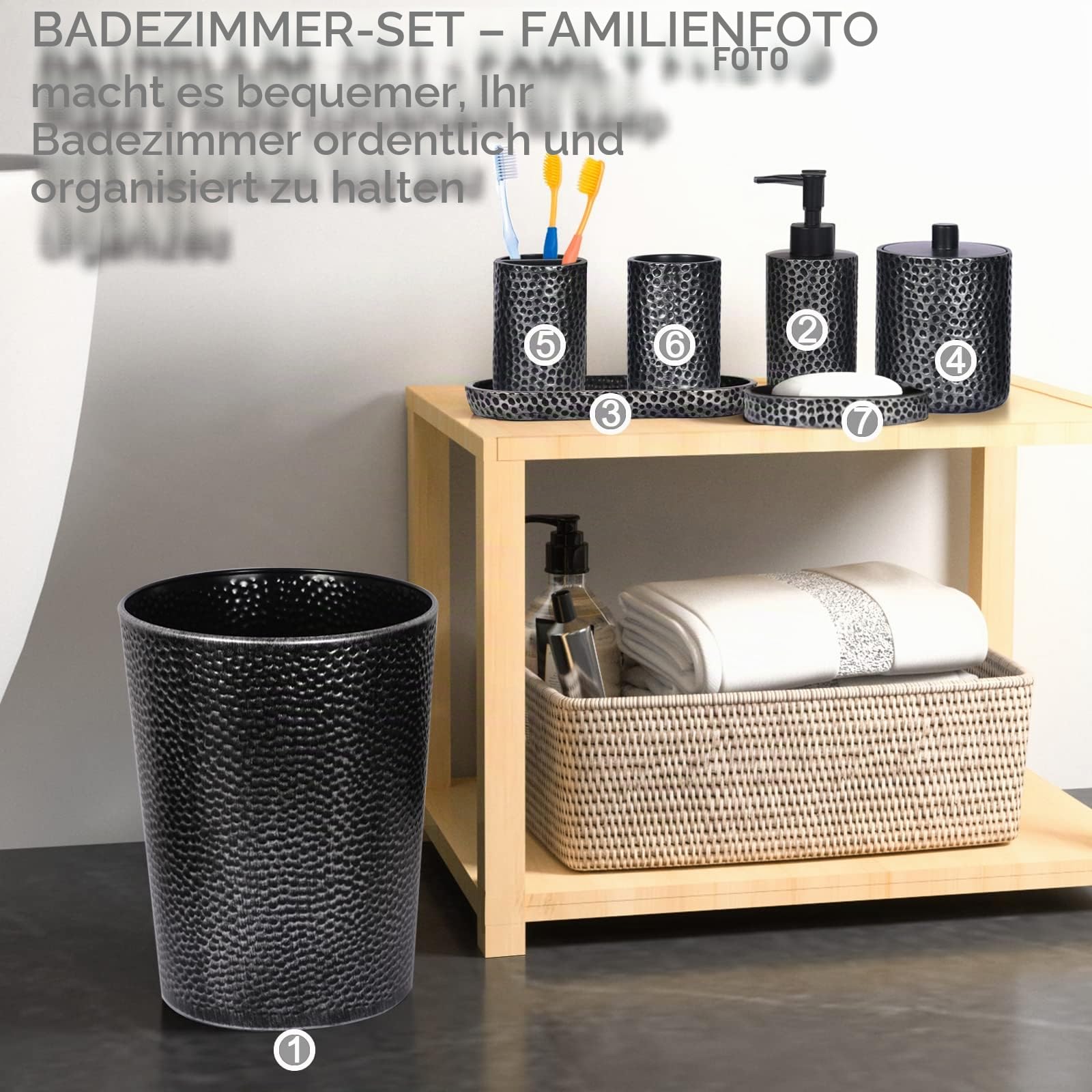 Badezimmer Zubehör Set, LKKL 7-teilig Bad Set mit Mülleimer Seifenspender Seifenschale Zahnputzbecher Zahnbürstenhalter Qtip Halter Badezimmer Tablett Modern Bad Accessoires Komplettset, Silber