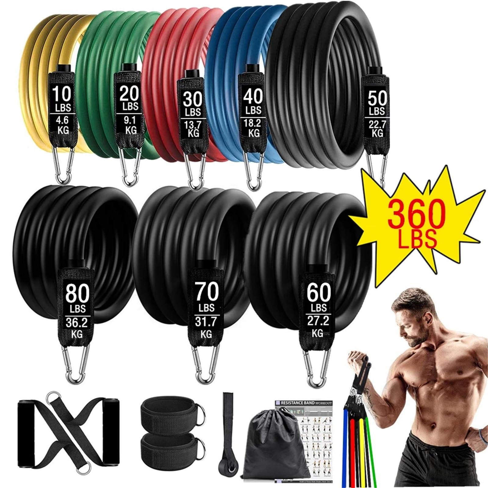 Fitnessbänder Widerstandsbänder 360lbs Fitness Übungen Widerstand Bands Set Elastische Rohre Zugseil Yoga Band Training Workout Ausrüstung for Home Gym Gewicht
