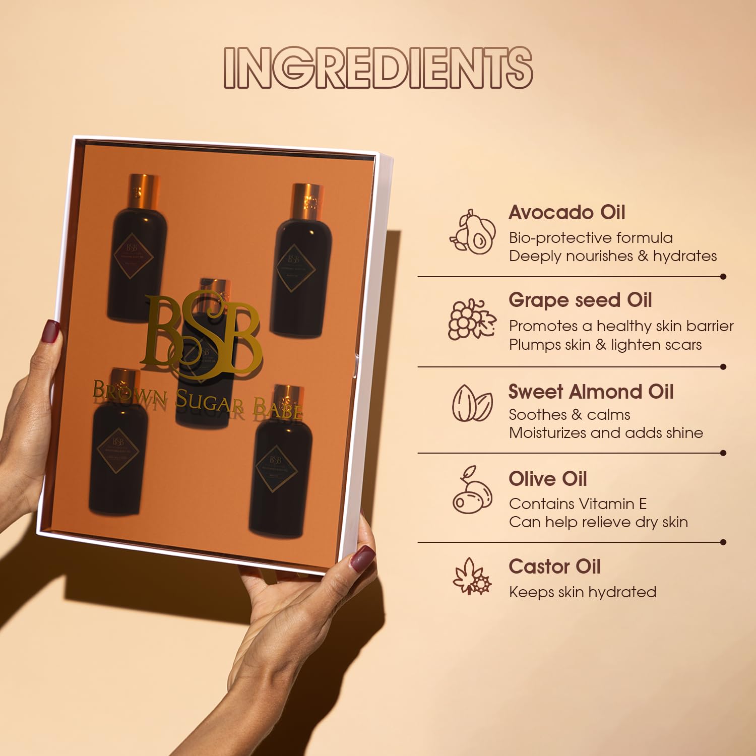 Brown Sugar Babe Body Oil Gift Set, Five Scents are Creme De La Creme, Wild Card, Rich Aunty, Madam, Marry Me