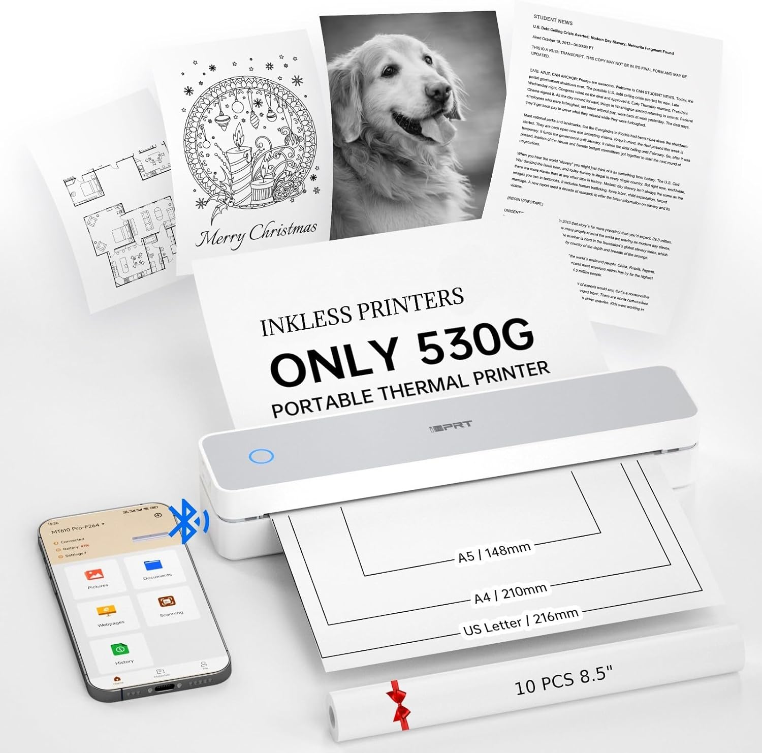 iDPRT Portable Inkless Printer for Travel,Wireless Thermal Printers Support 8.5" x 11" US Letter/A4,Small Mobile Bluetooth Printer for Home Use,Office,Vehicles,Compatible with Smartphone & Laptop White