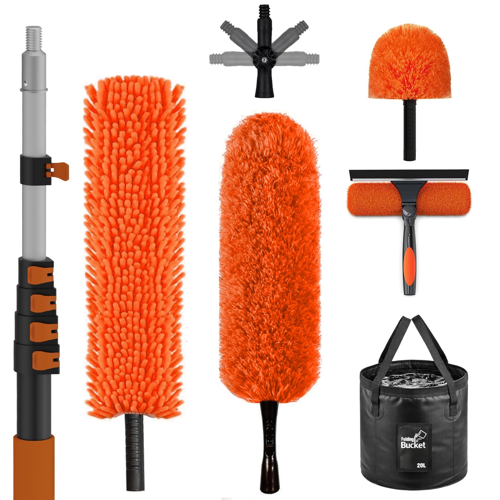 Sisupassie Orange 7.2M Extendable Feather Duster Kit, 7 Pcs Dusters For Cleaning With Professional Telescopic Pole, Long Reach Washable Duster And Window Cleaning Equipment For Cleaning Windows Cobwebs