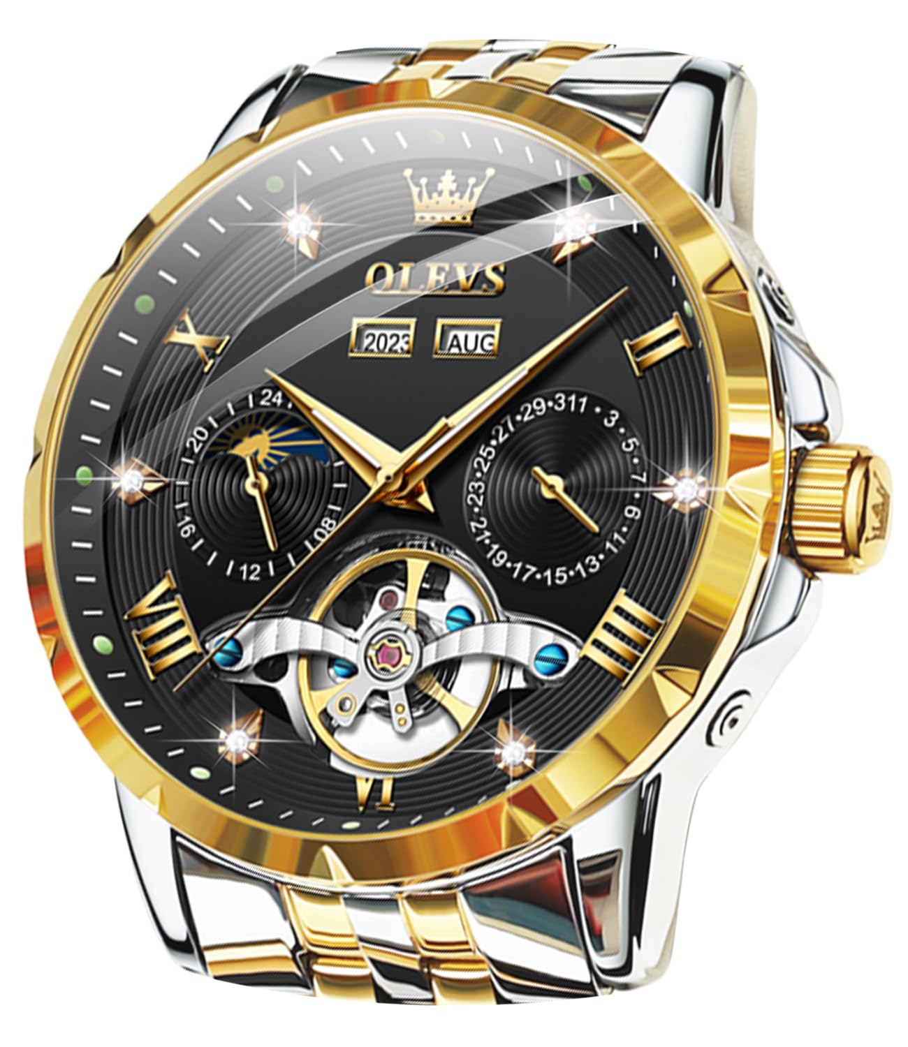 OLEVS Automatic Watches for Men Self Winding Mechanical Skeleton Luxury Dress Stainless Steel Diamond Men Wrist Watches