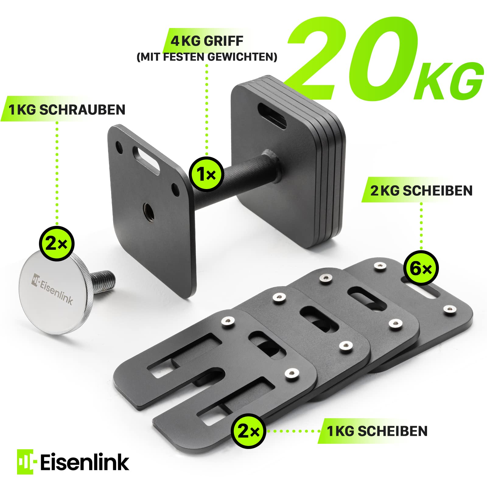 Eisenlink Regulowane krótkie hantle kwadratowe, 1 sztuka, 20 kg, 36 kg – innowacyjne, ultrakompaktowe, regulowane hantle z antypoślizgowym uchwytem, do fitnessu, treningu siłowego, domu