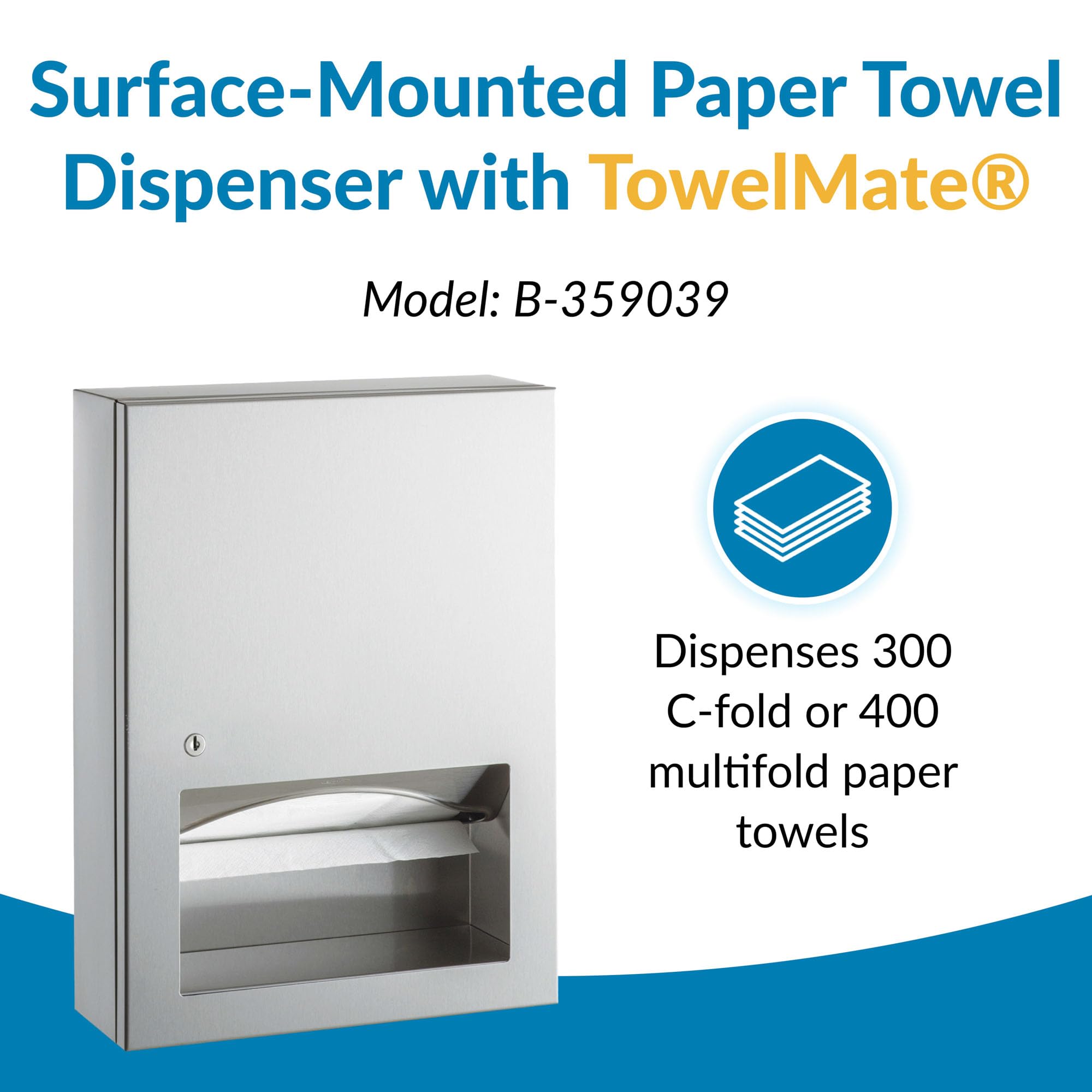 BOBRICK 359039 TrimLineSeries Stainless Steel Surface-Mounted Paper Towel Dispenser, Satin Finish, 4-1/2" Length, 17-15/16" Height, 12-13/16" Width