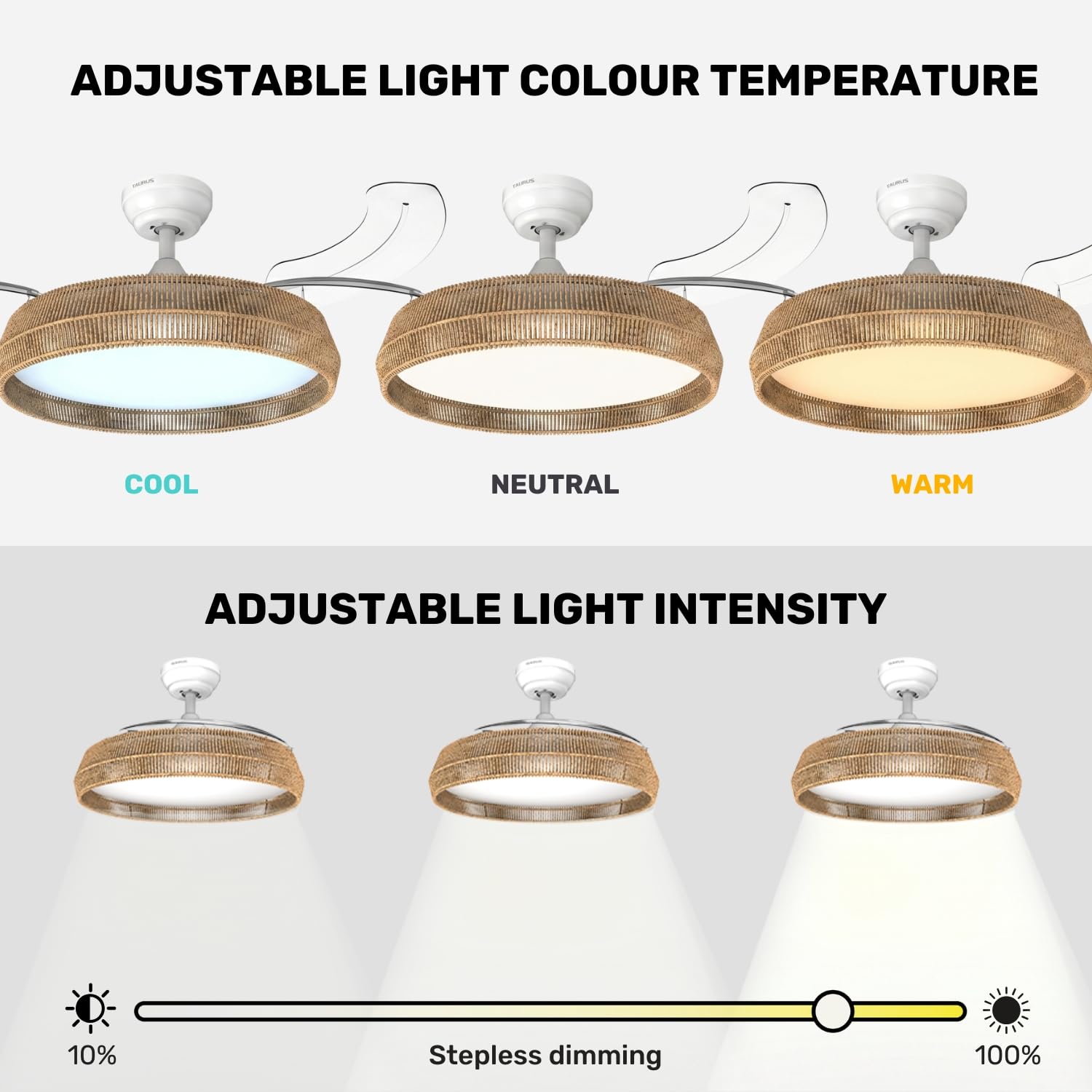 Taurus CEILING FAN POLAR NATURE (FA006L) Ventilador de Techo 107 cm con Aspas Retráctiles | Motor DC 30W Ultra Silencioso | Luz LED 36W Regulable | 6 Velocidades y Modo Invierno-Verano
