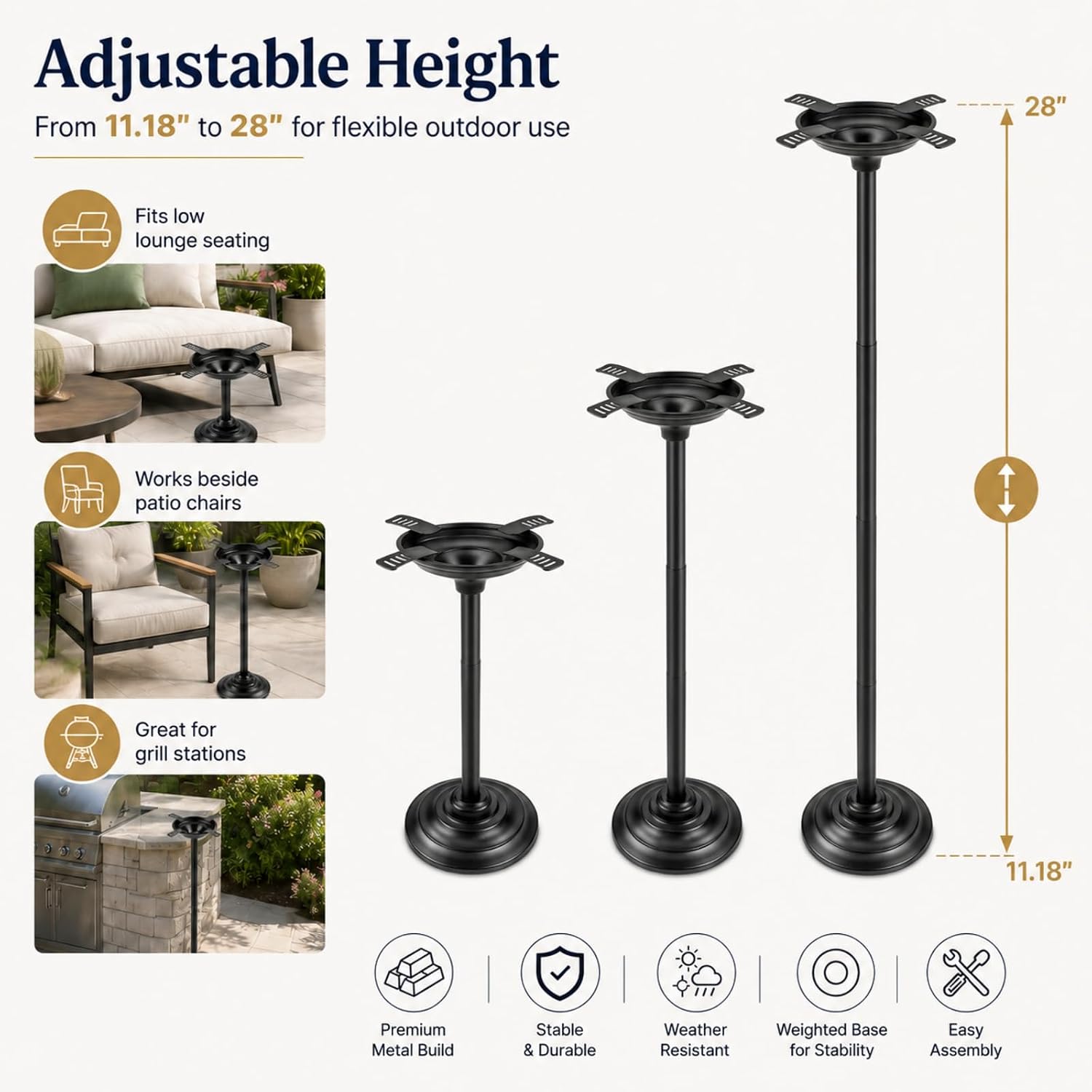 Outdoor Standing Tray for Patio, Windproof Detachable Metal Bowl with Floor Stand, Adjustable Height Patio Dish for Deck, Porch, Backyard, Grill Area and Poolside Small Items