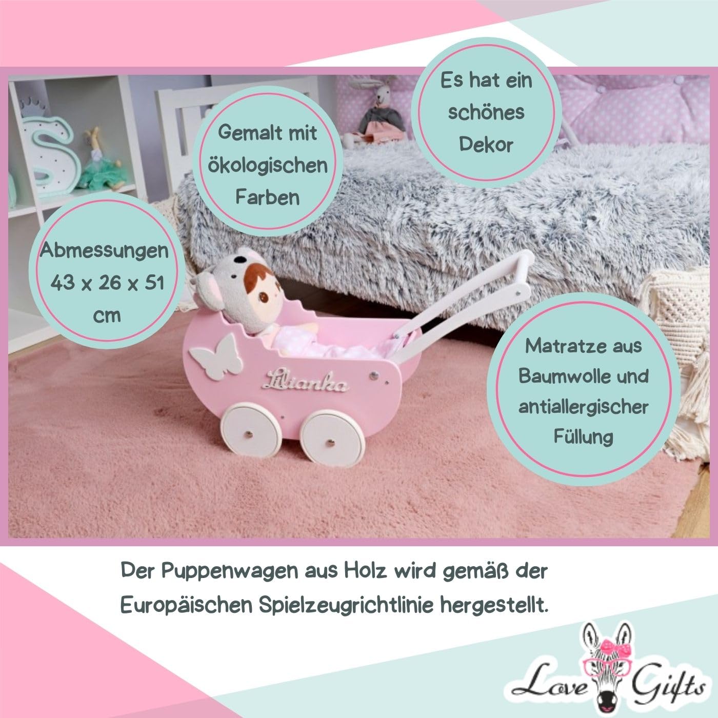 Love Gifts® Walker - Puppenwagen ab 1 Jahr | Lernlaufwagen für Kleinkinder | Lernlaufhilfe, Montessori-Spielzeug für Kleinkinder, Farbe Rosa