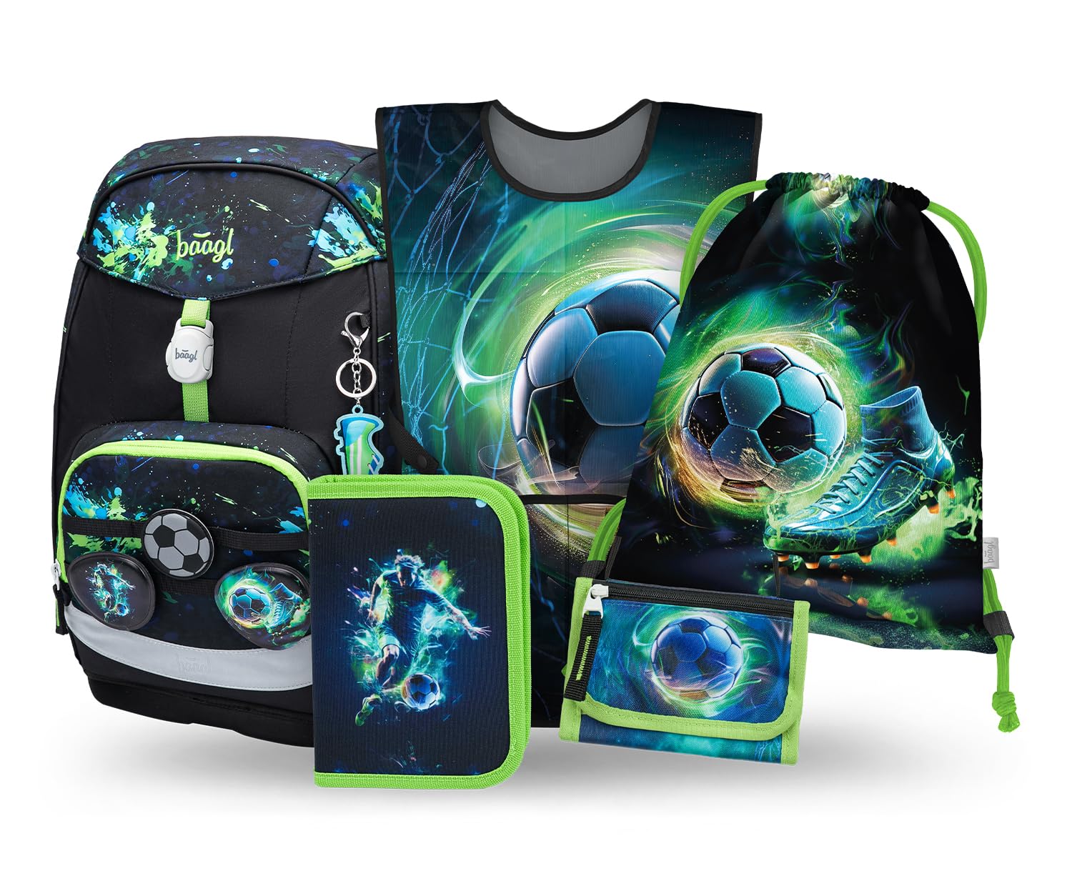 Baagl Schulranzen Jungen Set 5 Teilig (Airy Plus Schultasche für 1. Klasse, Mäppchen, Turnbeutel, Schürze, Brustbeutel), Grundschule Ranzen, Ergonomischer Schulrucksack, 25 l (Fußball)