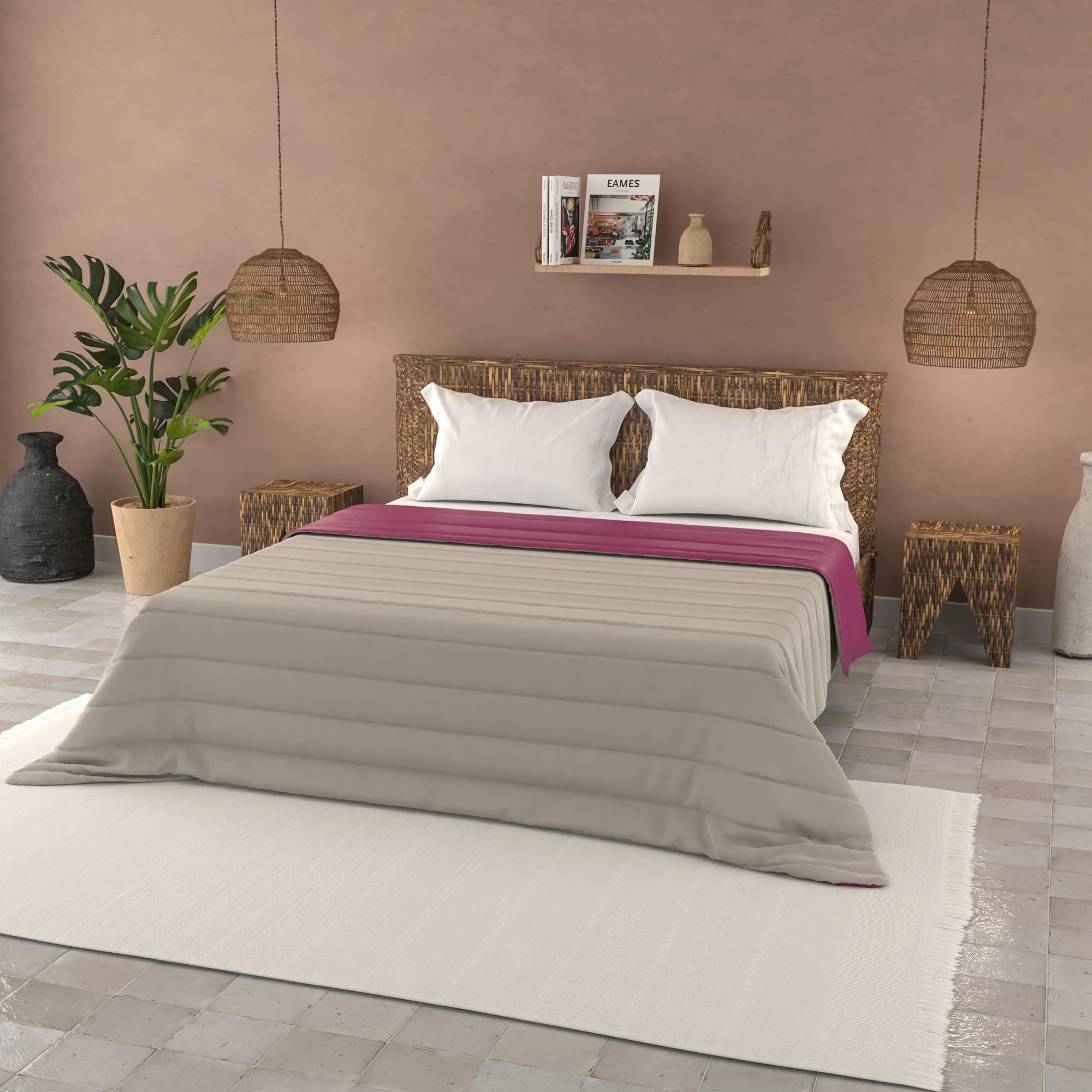 Italian Bed Linen Colcha de Verano Basic Color Liso, Fucsia/Gris Claro, 250x240cm