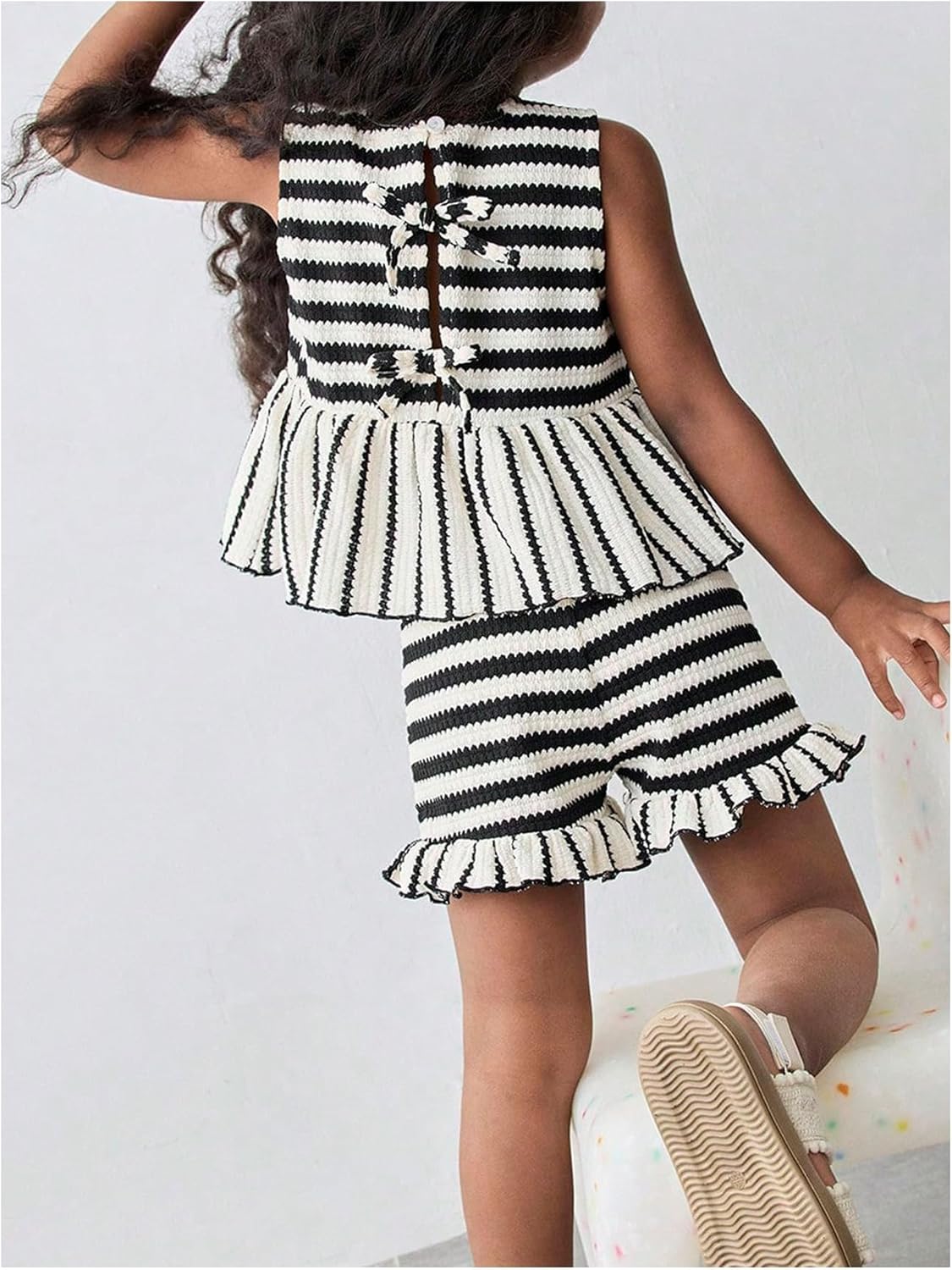 MakeMeChic Toddler Girl's 2 Piece Cute Outfits Striped Bow Sleeveless Ruffle Tops Shorts Set - Image 3
