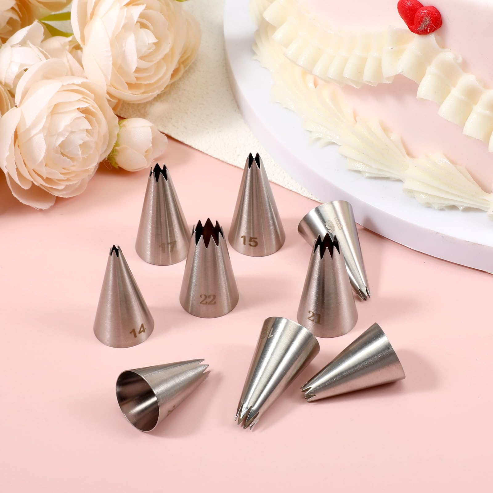 Juego de puntas de tubería de estrella de acero inoxidable, 9 piezas de boquilla de glaseado de tubo de estrella francesa, juego de puntas abiertas para decoración de pastelería para cupcakes 7
