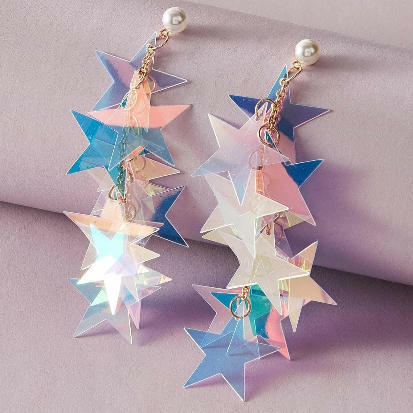Iridescent Star Earrings for Women - Dangle Sequin Sparkle Fringe Drop Earrings - Long Tassel Jewelry Accessories