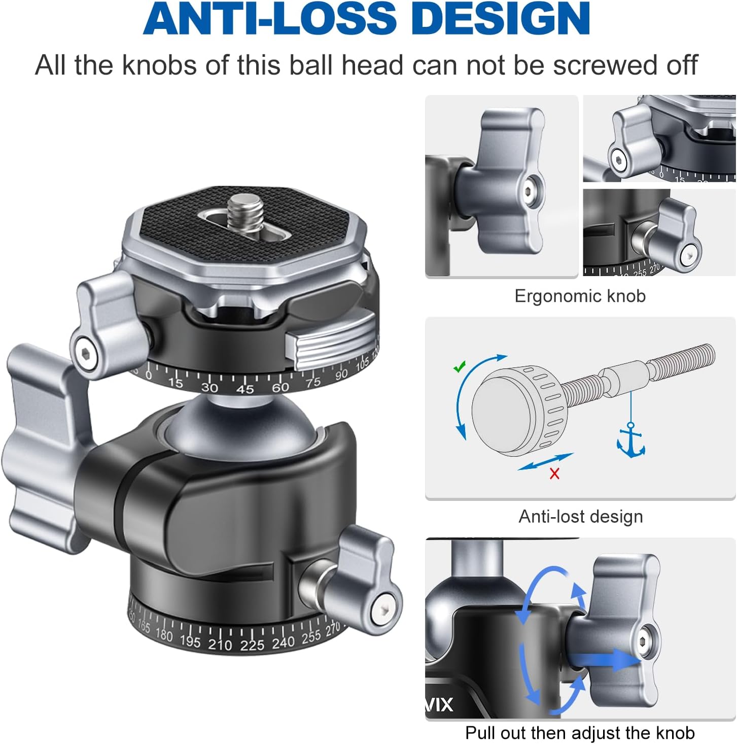 CAVIX 360° Rotating Panoramic Ball Head, Tripod Head Mount 1/4" & 3/8" with Arca Quick Release Plate, for DSLR Camera,Tripod,Monopod,Slider,Camcorder, 11 lbs/5kg Load