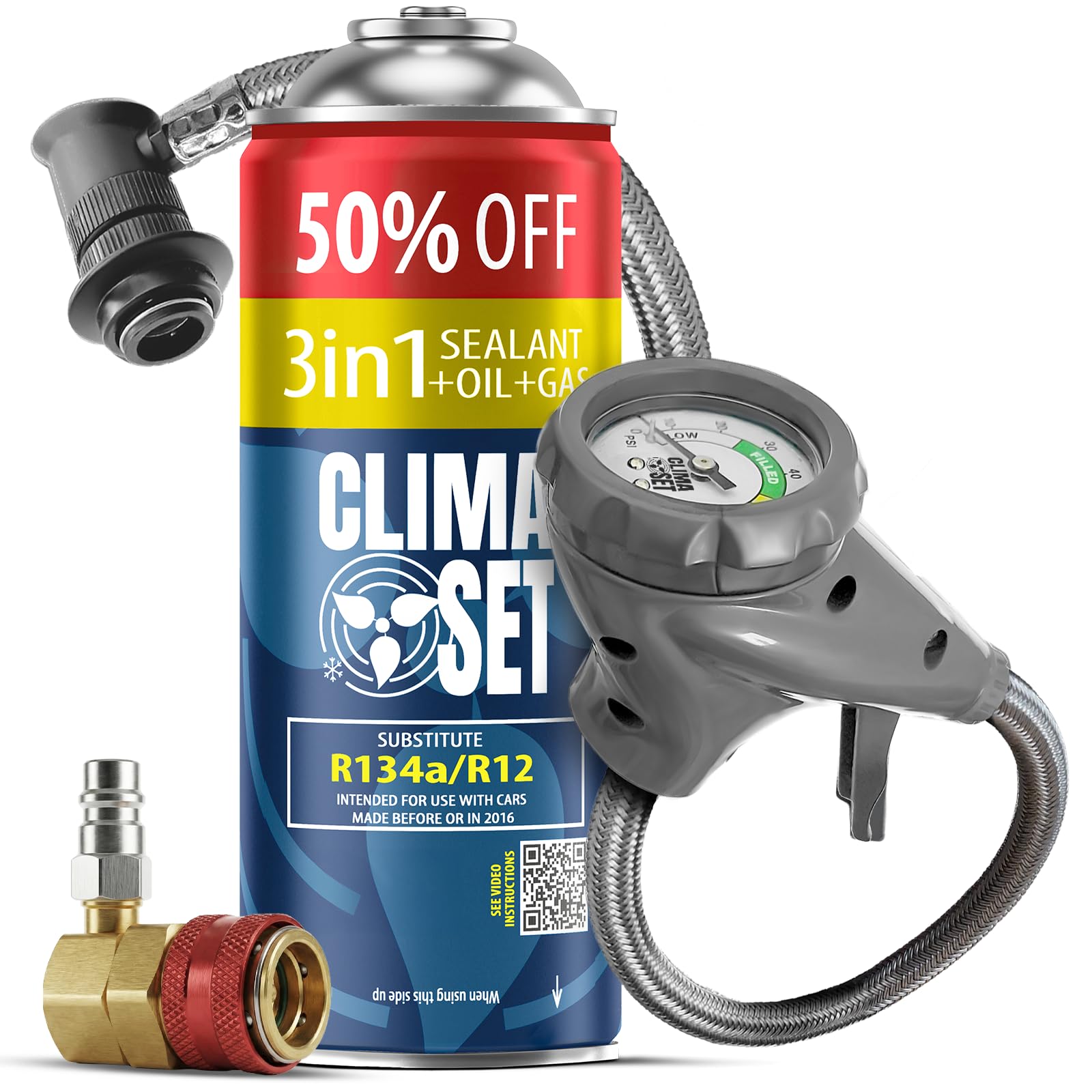 CLIMASET - Kit de recarga de aire acondicionado para coche - Kit 3 en 1 R134a + manguera + adaptador de alta/baja presión - Para vehículos de 1994 a 2016, manguera moderna y fácil de usar, manómetro