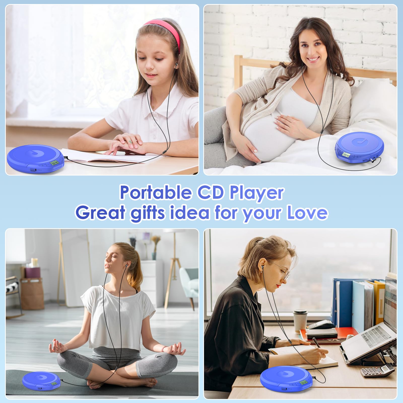 Gueray Lettore CD portatile Dsicman: con auricolari per auto con anti-skip antiurto con display LCD Supporto funzione di ripetizione memoria PROG (blu)
