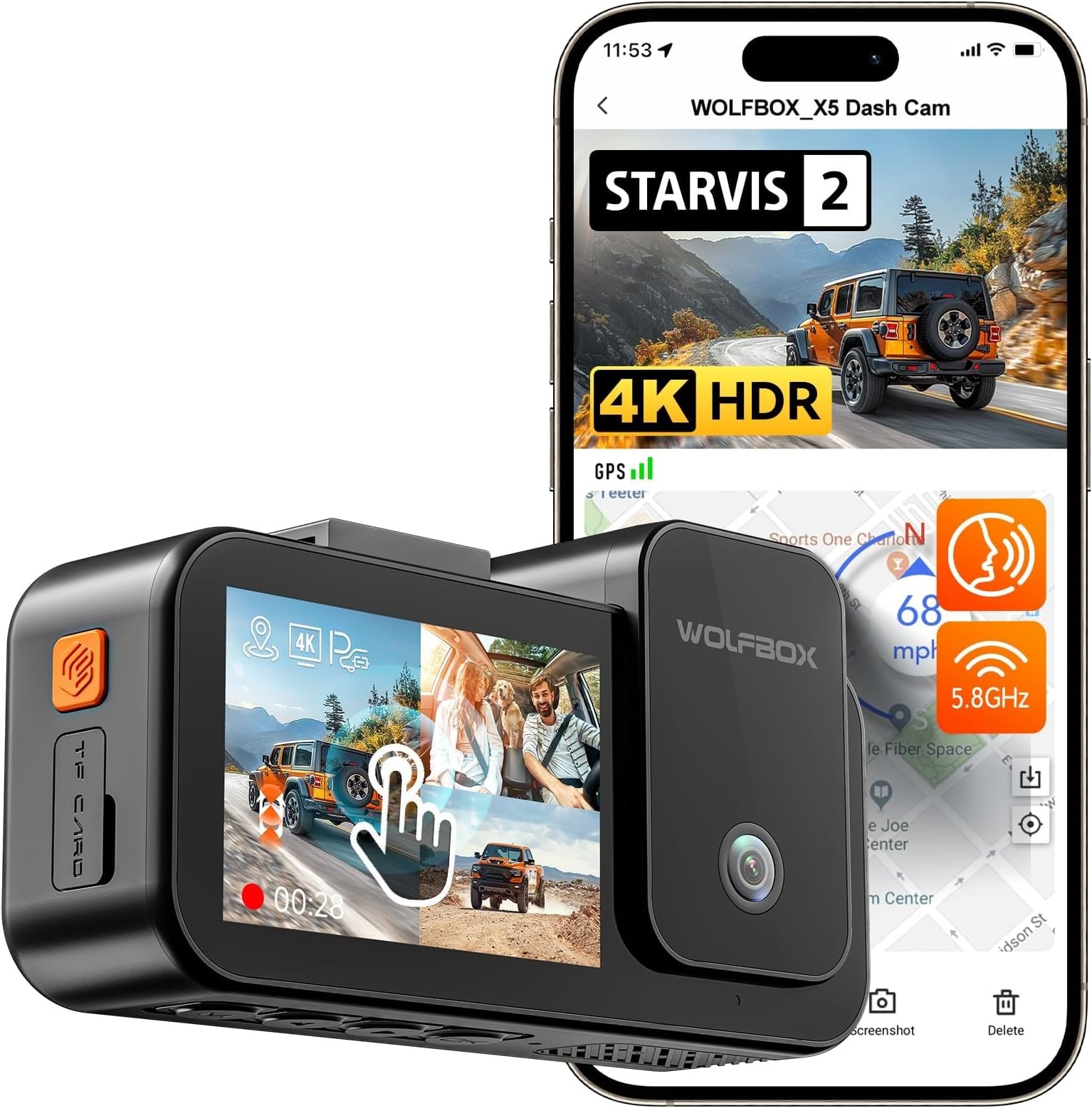 WOLFBOX X5 3 Channel 4K Dash Cam, STARVIS 2 IMX678,4K+2.5K+1080P Front and Rear Inside Triple Car Camera, Included 128GB Card, Voice Control, 5.8GHz WiFi GPS, Touch Screen, Support 512GB Max