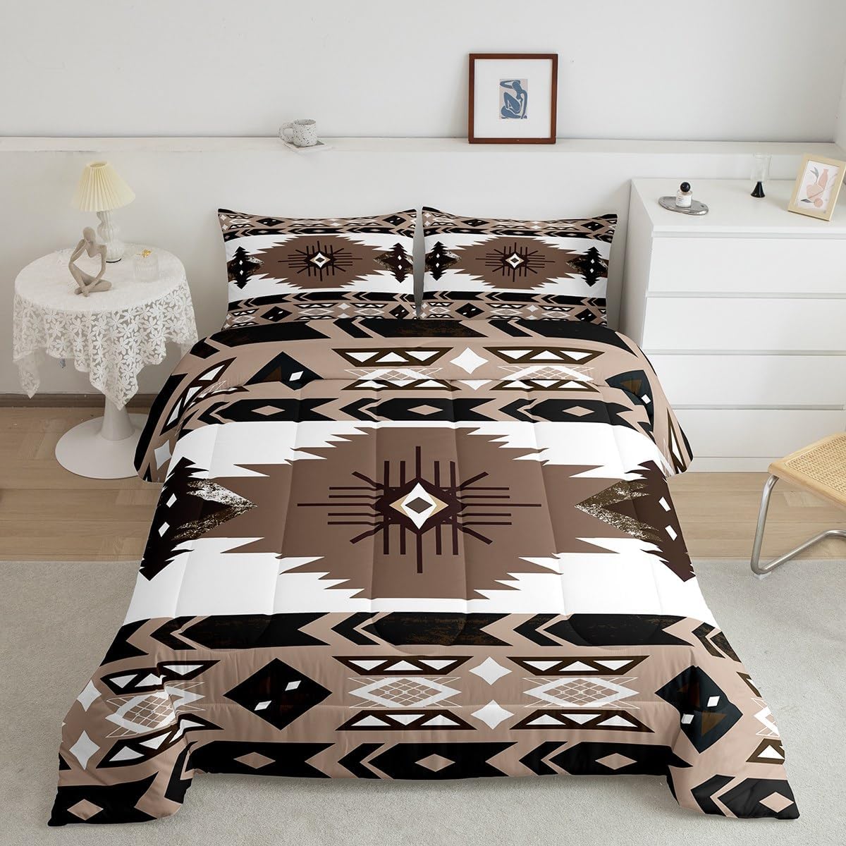 Erosebridal Western Decor, Boho Western Bedding Sets Queen, Vintage Exotic Indian Geometric Comforter Set Ethnic Tribal Arrow Quilt Aztec Duvet Insert Farmhouse Decor, White Brown