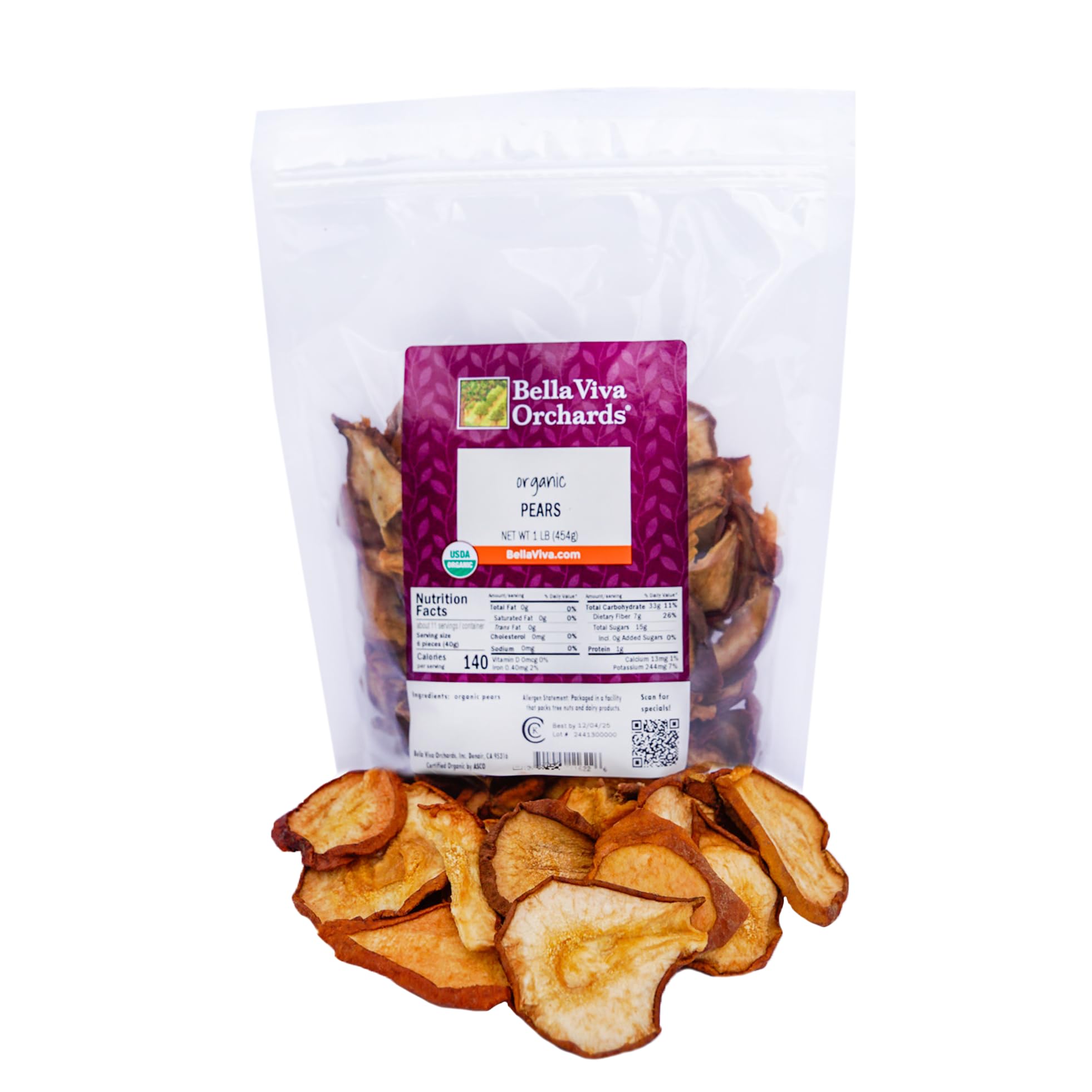 Bella Viva Orchards Organic Dried Pears, Sweet no Sugar Added, 1 lb of Dried Fruit