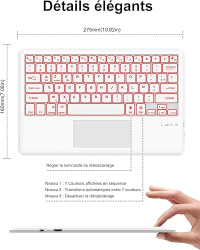 FOGARI French AZERTY Bluetooth Tablet Keyboard 12 Inches with Backlight Touchpad Lightweight Slim Keyboard for iPad Samsung Galaxy Redmi Xiaomi iPad Huawei iPad HonorPad FireHD White - 4