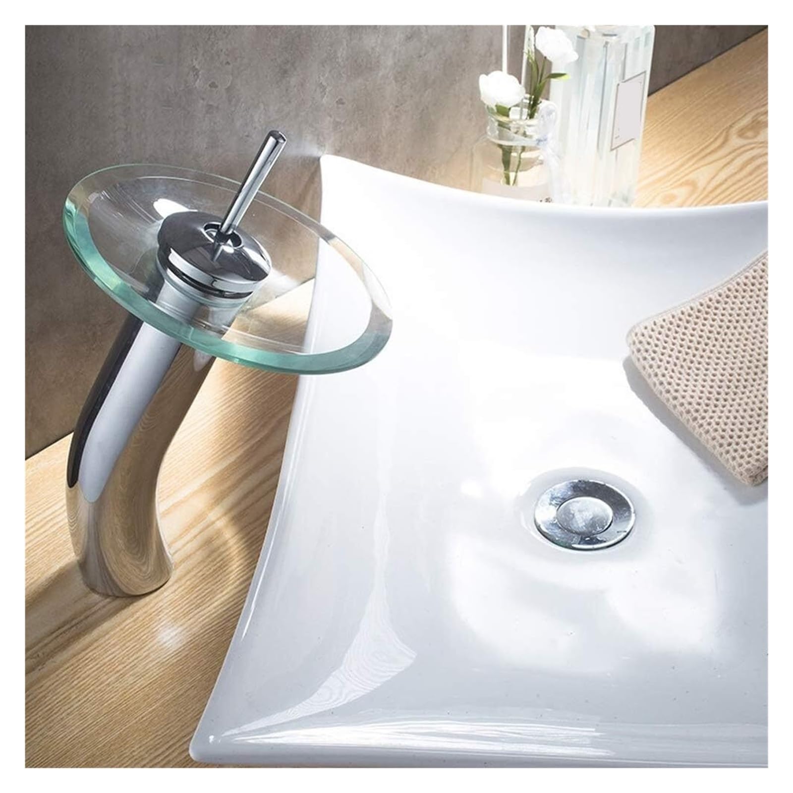 Glass Waterfall Bathroom Faucet, Single Handle Chrome Mixer Tap with Tempered Glass Disk, Modern Basin Faucet for Hot and Cold Water(31cm)