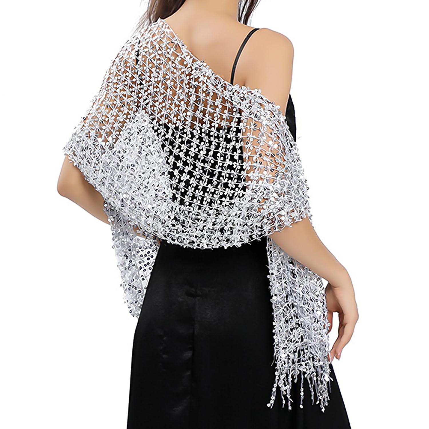 Wufgwbd Unisex Silver Sequin Hollow Shawl With Shiny Scarf - Multifunctional Fashion Accessory For Women's Evening Dress