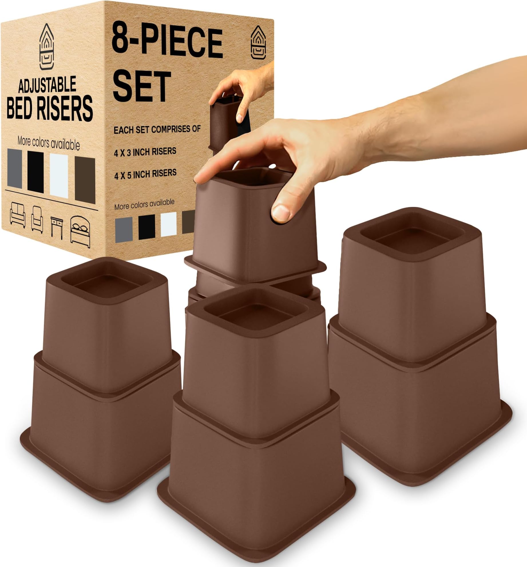 Home Intuition Heavy Duty Adjustable Bed Risers Furniture Riser 3, 5 or 8-Inch, 4 Pack, 8-Piece Set (Espresso Brown)