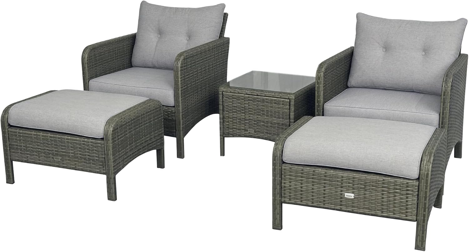 Outsunny 5 Pieces Rattan Wicker Lounge Chair Outdoor Patio Conversation Set with 2 Cushioned Chairs, 2 Ottomans and Tempered Glass Top Coffee Table, Gray/Light Gray