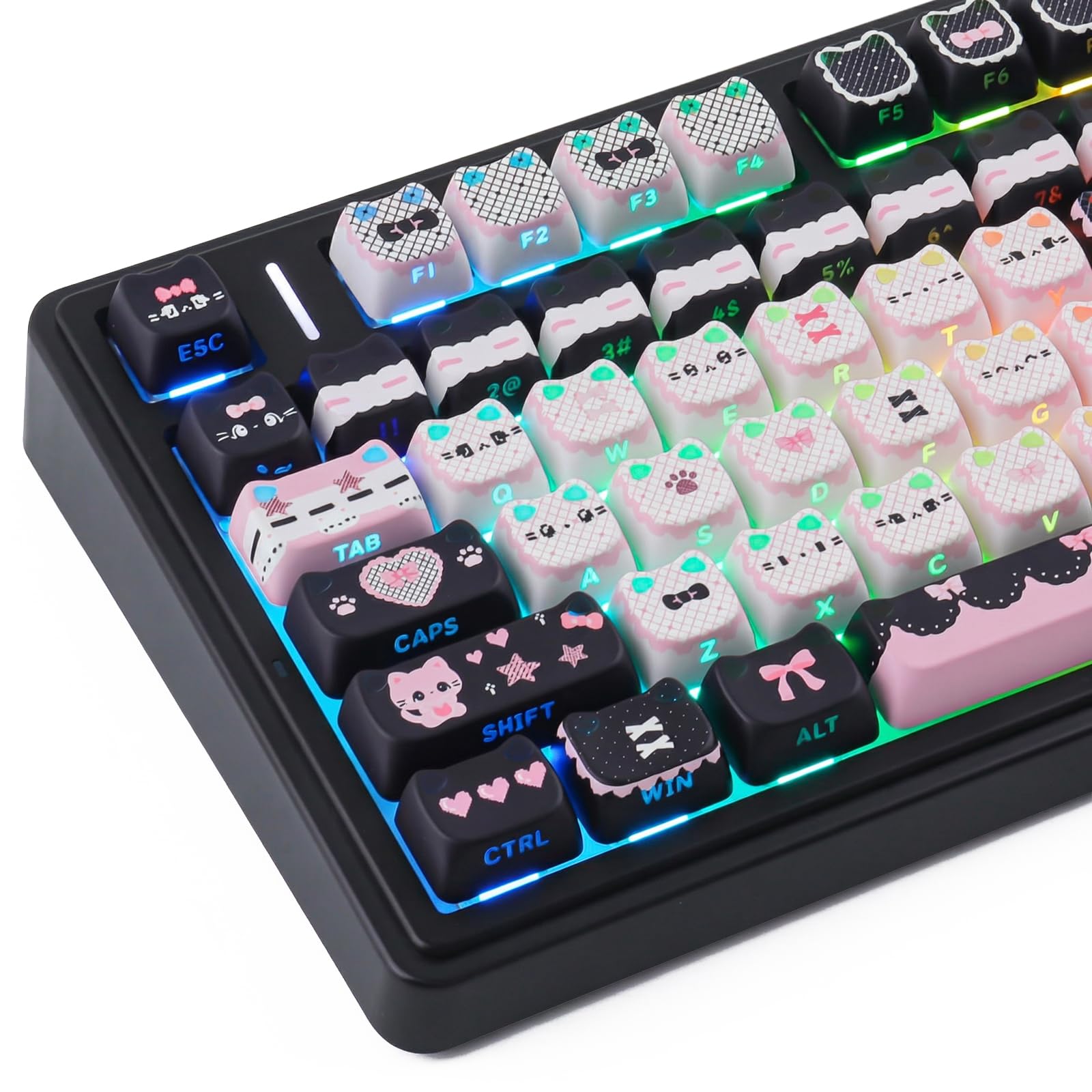 PBT Keycaps,113 Keys Side Print Shine Through Black Cat Keycaps | Dye-Sub Mao Profile Custom Cute Keycap for 60 65 75 100 Percent Cherry MX Mechanical Keyboard Black Pink Meow