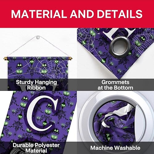 Miniatura 4 de Allenjoy Letrero de puerta de 11.8 x 70.9 pulgadas, 2 unidades de Manison púrpura Welcome Foolish Mortals para puerta de Halloween, casa embrujada,