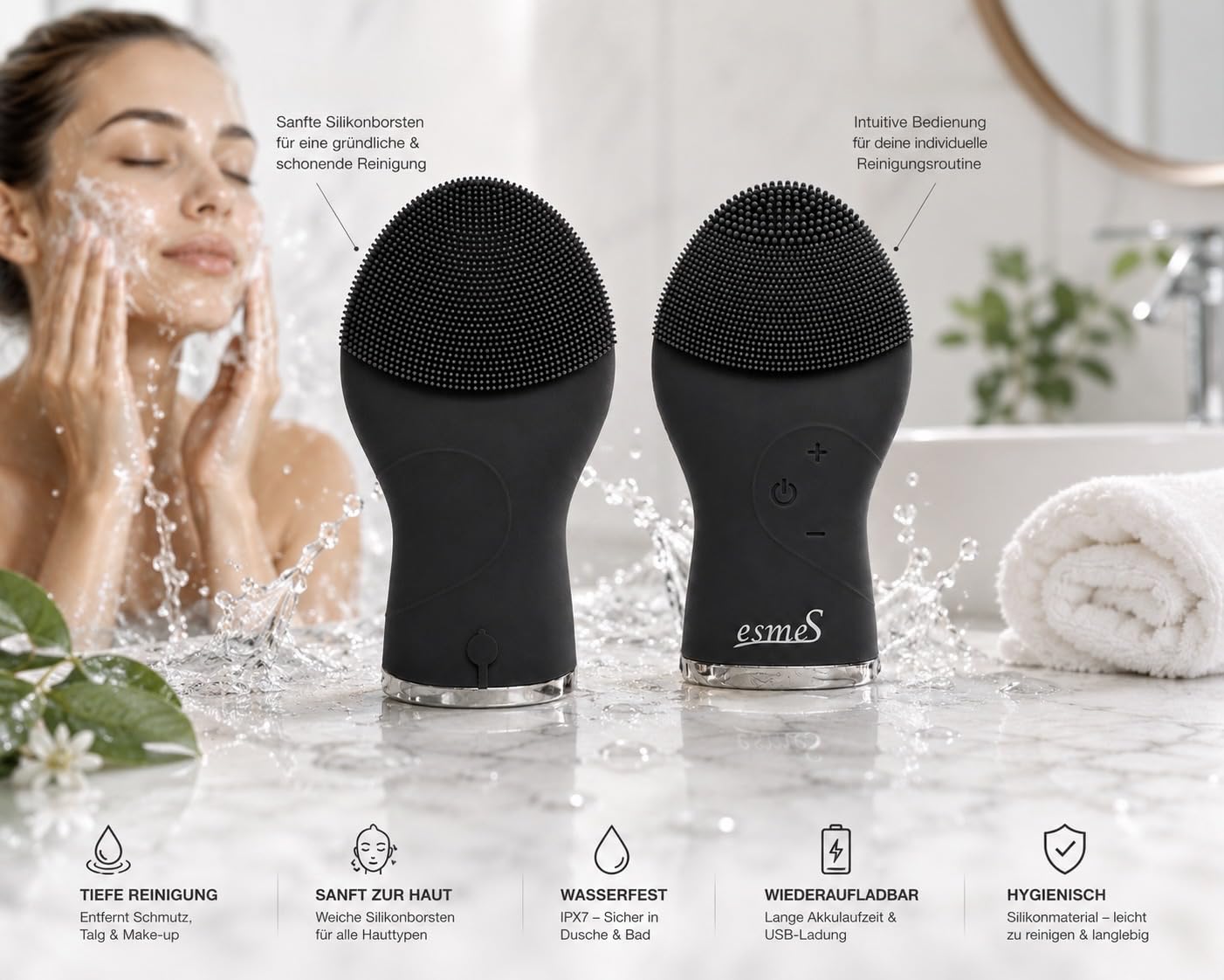 esmeS | Gesichtsreinigungsbürste | Silikonbürste | Straffendes Gesichtsmassagegerät | Hygienische und Hautfreundliche Gesichtspflege | 100% Wasserdicht, Mattschwarz