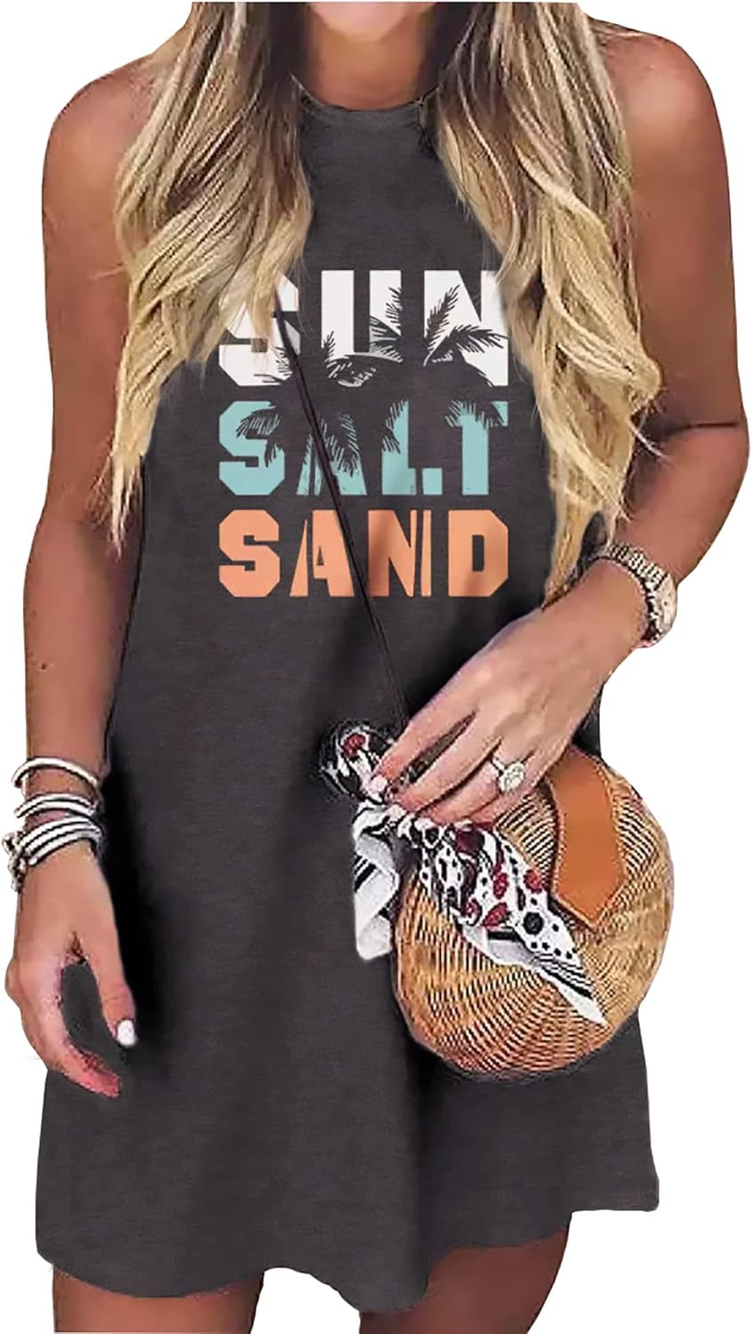 Sun Salt Sand Coconut Tree Mini Dress Women Summer Sleeveless Vacation Tank Dress Beach Praty Shirts Dress