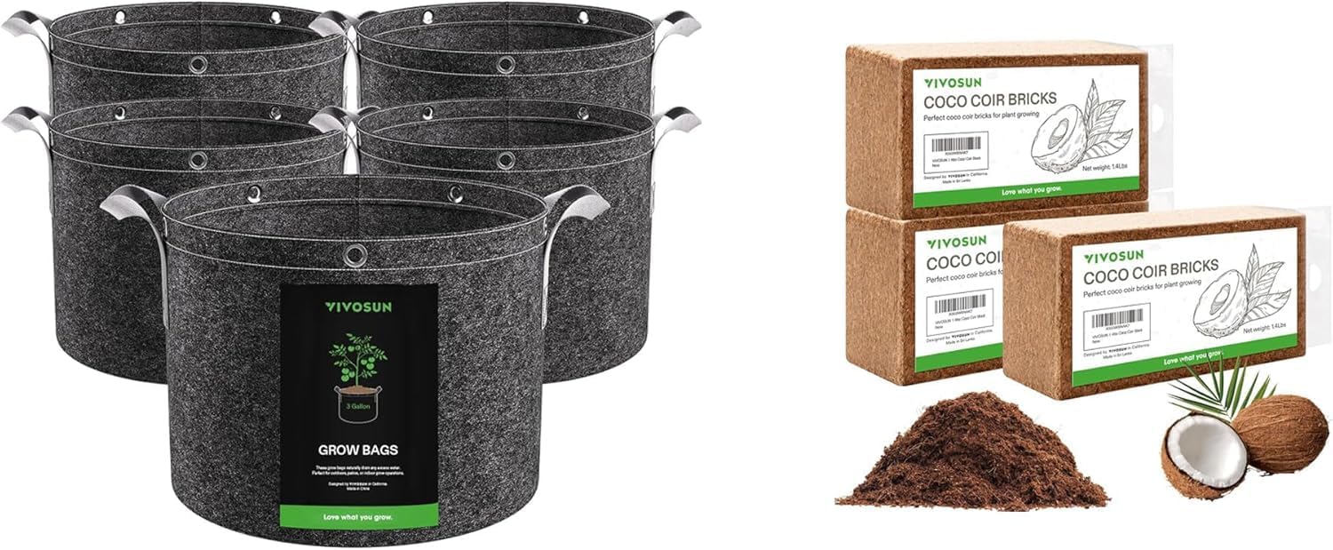 VIVOSUN 5-Pack 3 Gallon Grow Bags and Coco Coir Brick, 1.4lbs 100% Natural Organic Compressed Coconut Coir Fiber with Low EC, PH Balance & High Nutrition