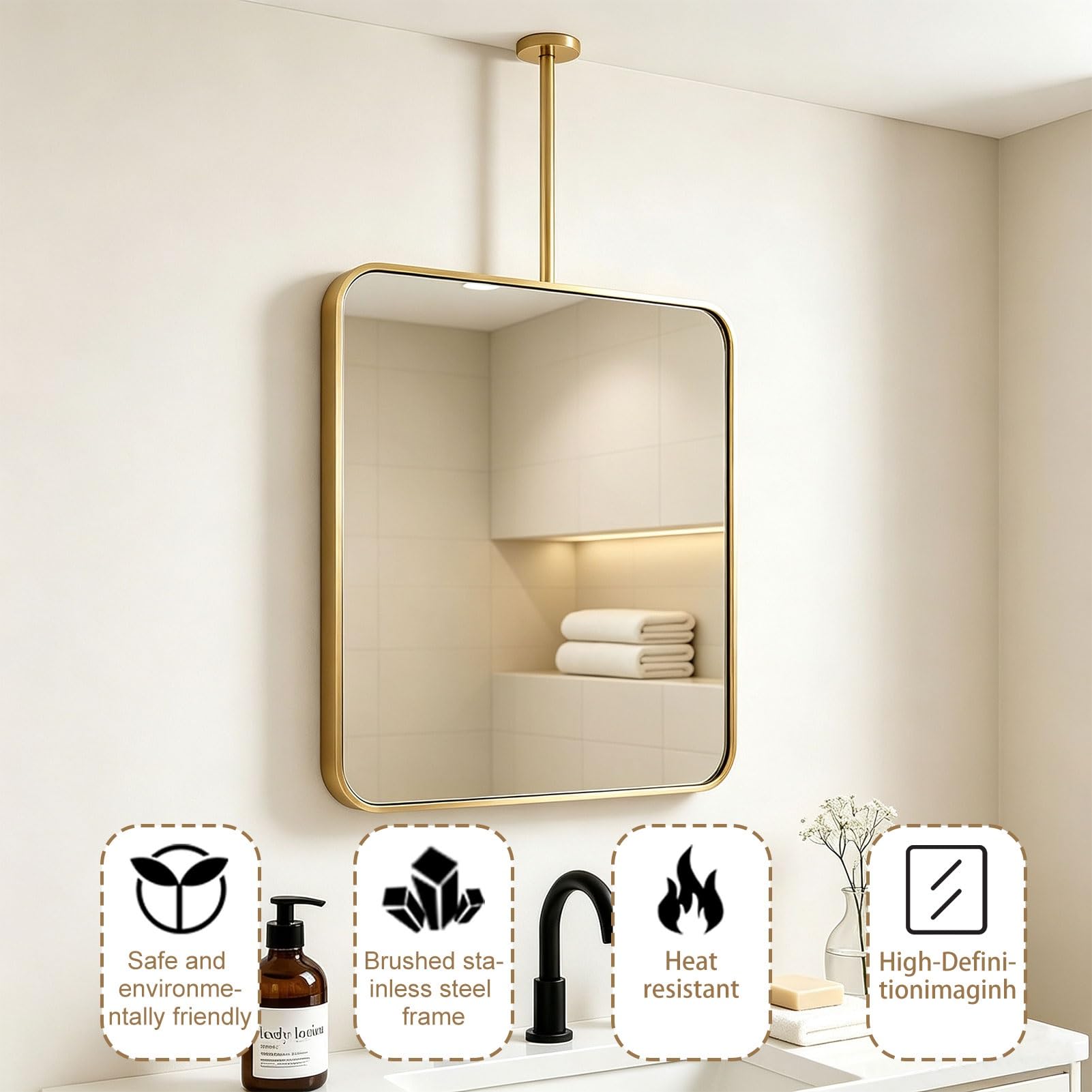 Specchio da bagno montato a soffitto, da bagno rettangolare rotondo