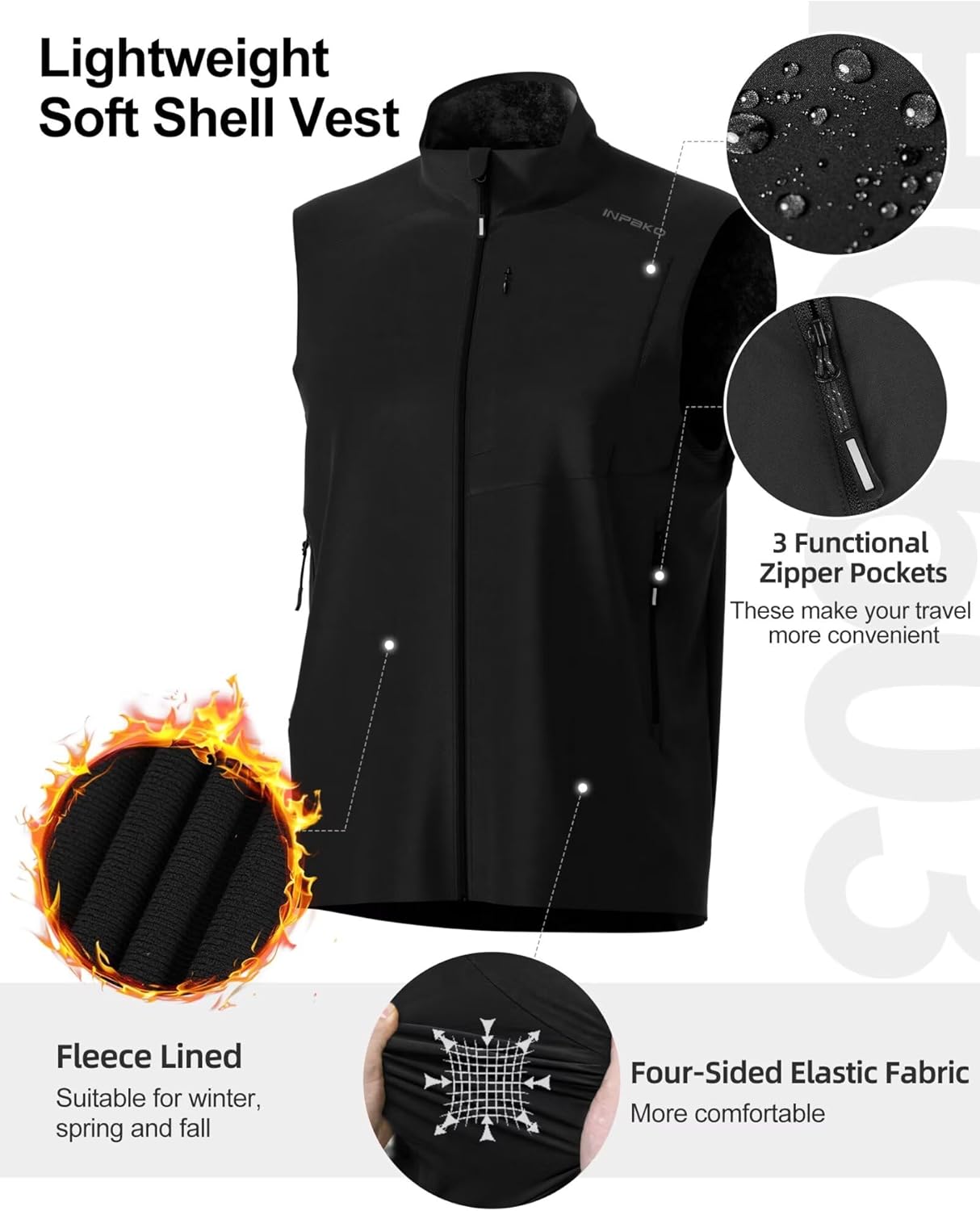 Lightweight Vest for Men, Elastic Softshell Golf Vests, Fleece Lined, Water resistent, Hiking, Cycling - Image 3