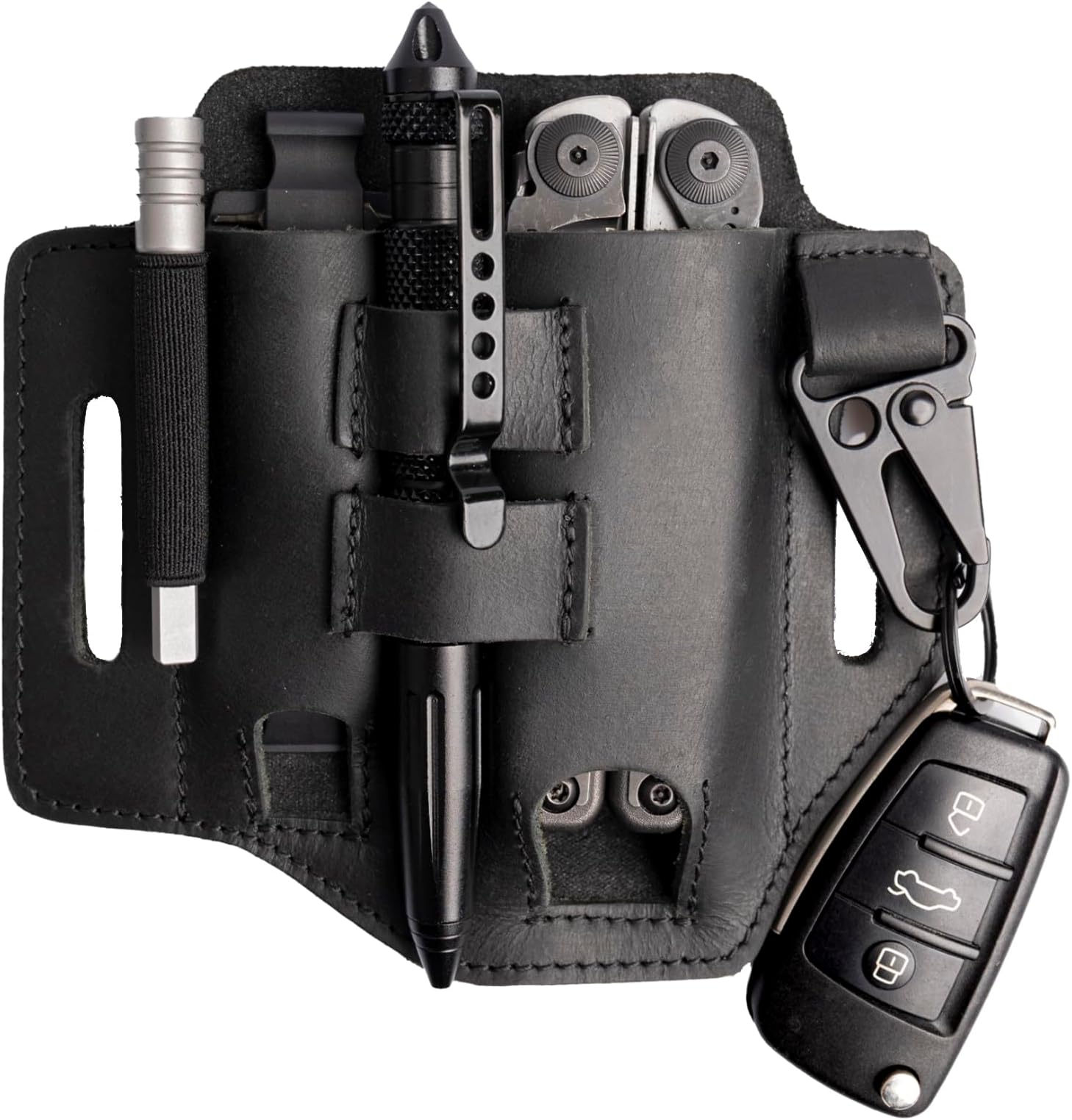 Multitool Belt Sheath, EDC Leather Belt Organizer, Belt Holder with Multitool Pouch, Flashlight Holder, Pen Holder and Keychain Clip, Practical EDC Belt Pouch for Men