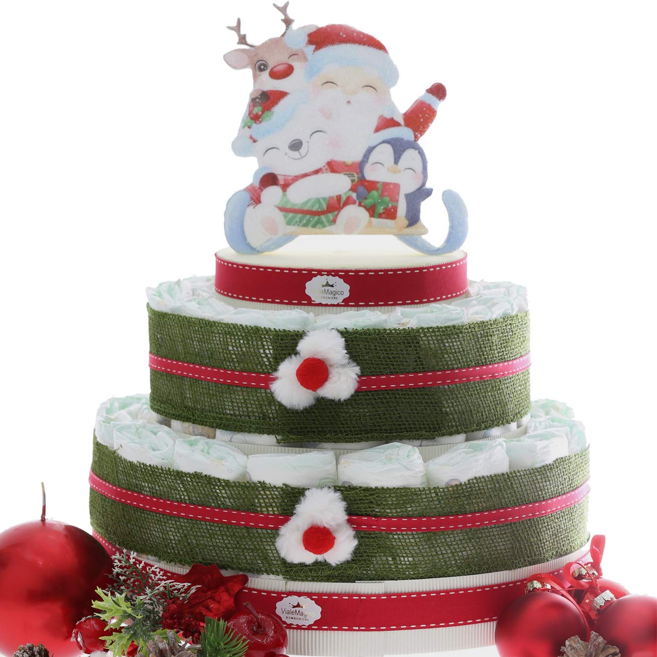 Torta Pannolini Natalizie, Baby Shower Tema Natale, Regalo Economico (Torta da 30 Pannolini Slitta di Babbo Natale)