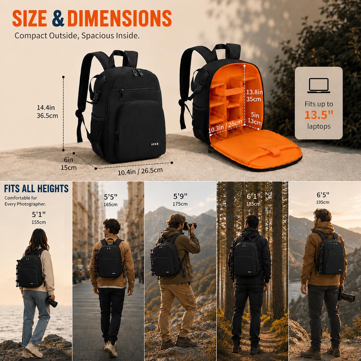Kamerarucksack ，Für DSLR/SLR spiegellose Kamera，Schwarz-Orange (S) | Stativhalterung, Wasserdicht, Anti-Diebstahl, Für DSLR/SLR spiegellose Kamera