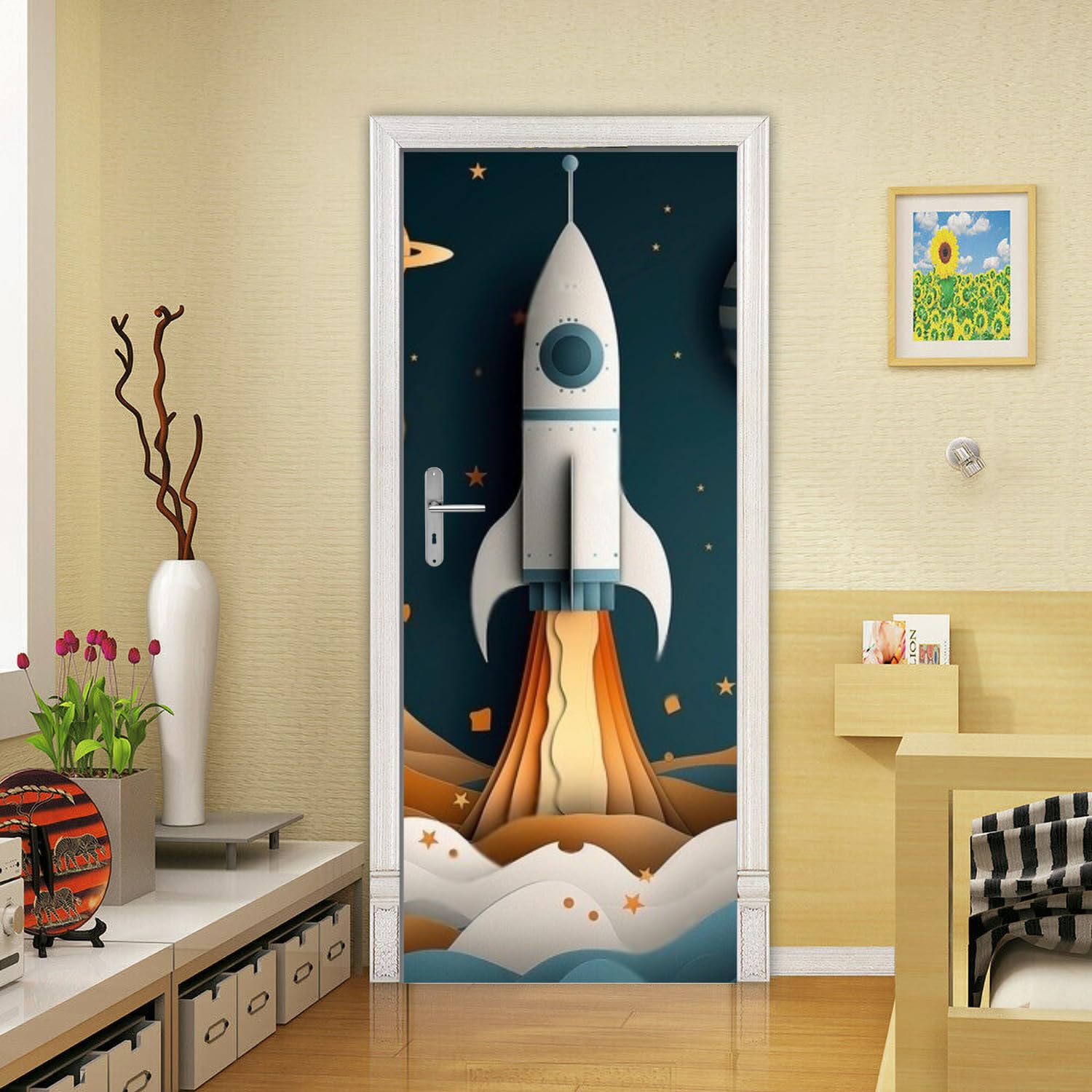 WHITECRAFTS Rocket Wallpaper for Kids Room Doors | Wallpaper for Door | Self-Adhesive Vinyl Sticker | Peel and Stick Murals for Doors, Almirahs, Tables | Waterproof, (30x78 inch) | P19_D100