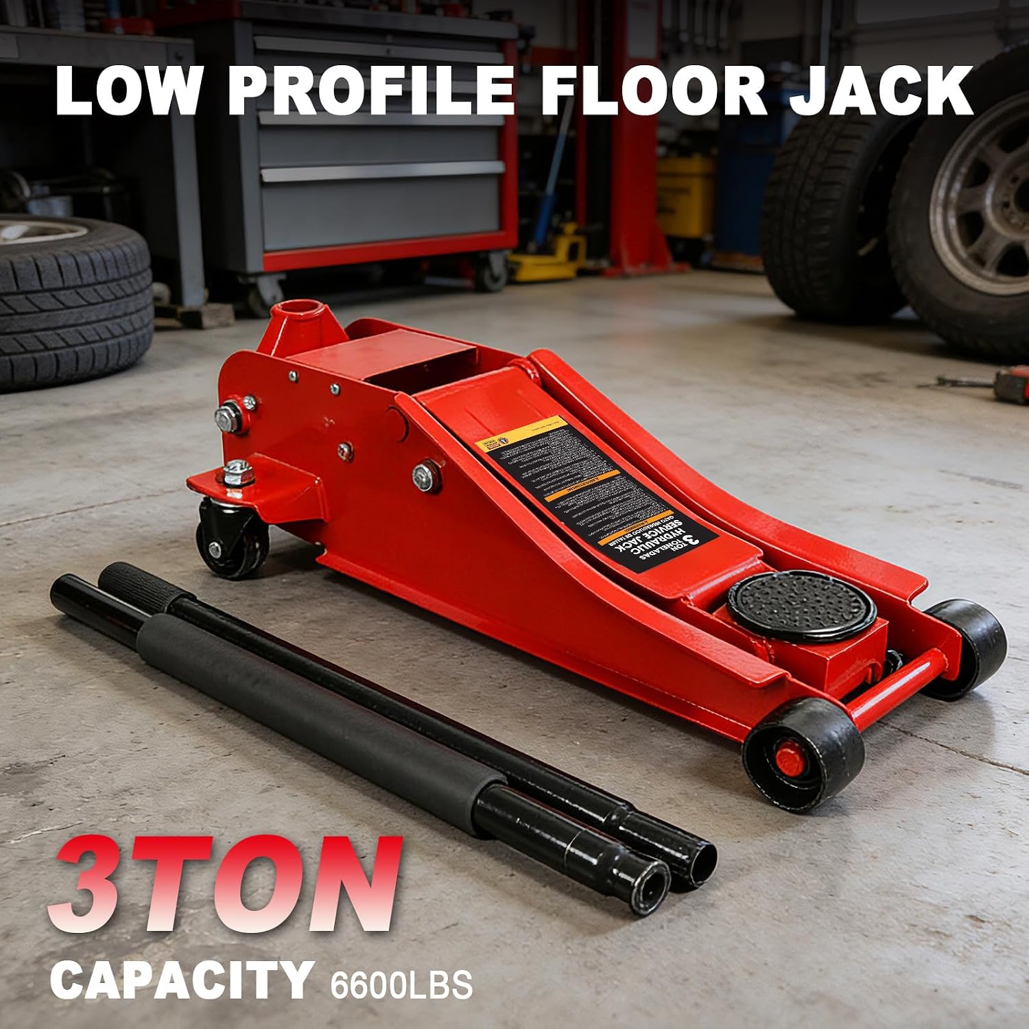 Jack Boss 3 Ton Floor Jack, 6600LBS Capacity Hydraulic Car Jack, Low Profile Portable Jack with Dual Pumps, Quickly Lift Steel Service Jack, Lifting Range 3-1/8" Min to 20" Max Red