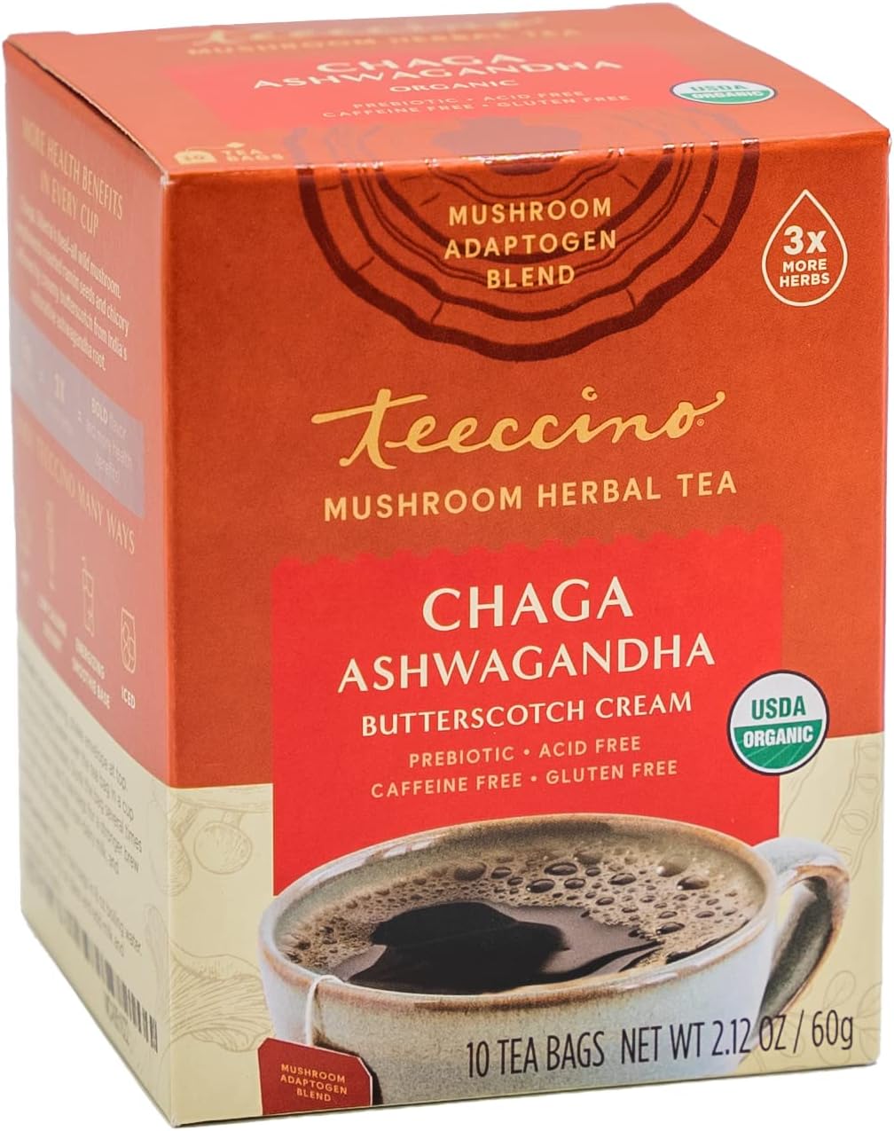 Teeccino Mushroom Adaptogen Tea Chaga Ashwagandha French Roast Herbal