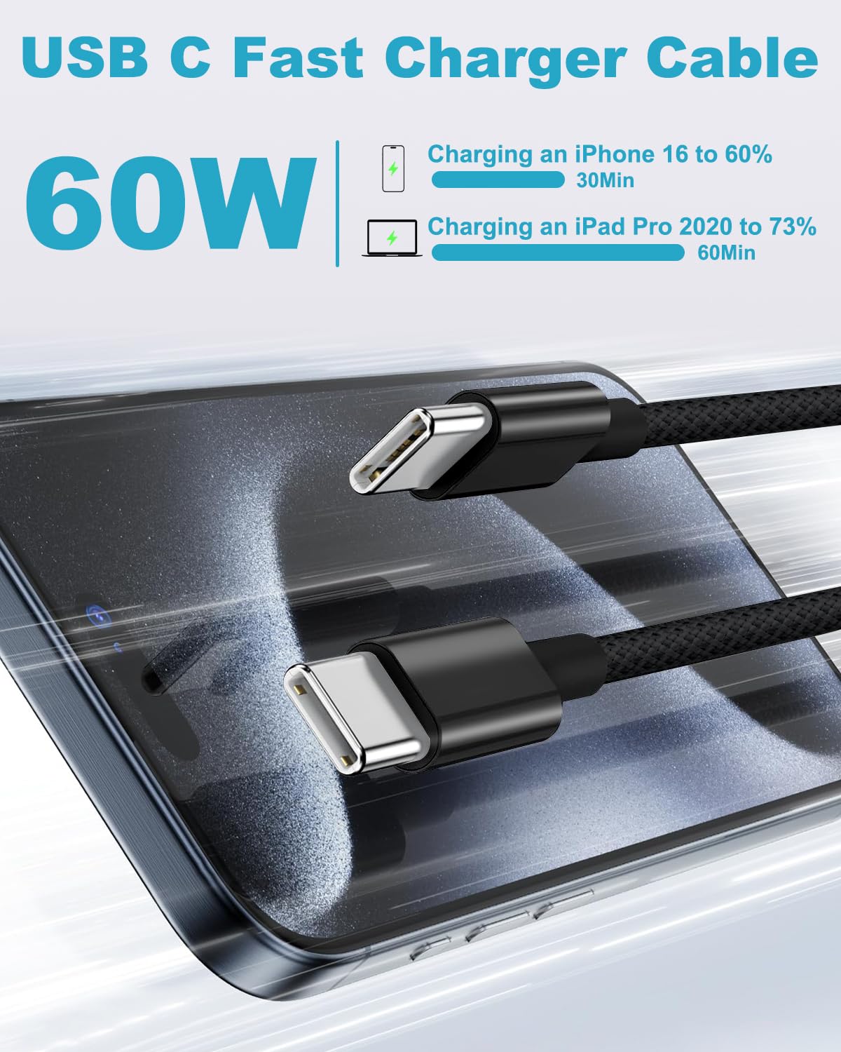 2Pezzi 1M Cavo USB Type-C Ricarica Rapida per iPhone 15 16 Pro Max/15 16 Plus/16/15,iPad Pro/Air,MacBook, Cavo iPhone 15 16 Cavo USB C to USB C 60W Nylon Cavo Apple USB C Cavetto