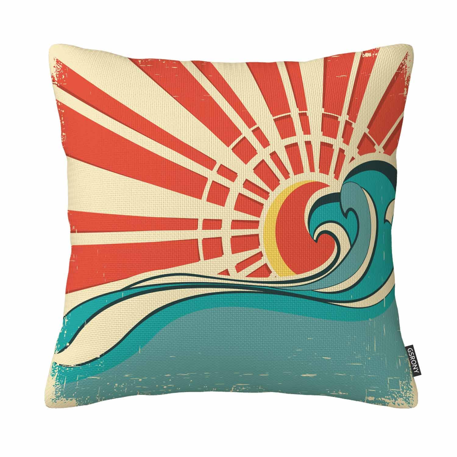Gsrony Brown Ocean Throw Pillow Covers Blue Surf Sea Waves Vintage Of Nature With Sun Retro Beach Cushion Pillow Case Home Decor Pillowcase 18X18 Inches