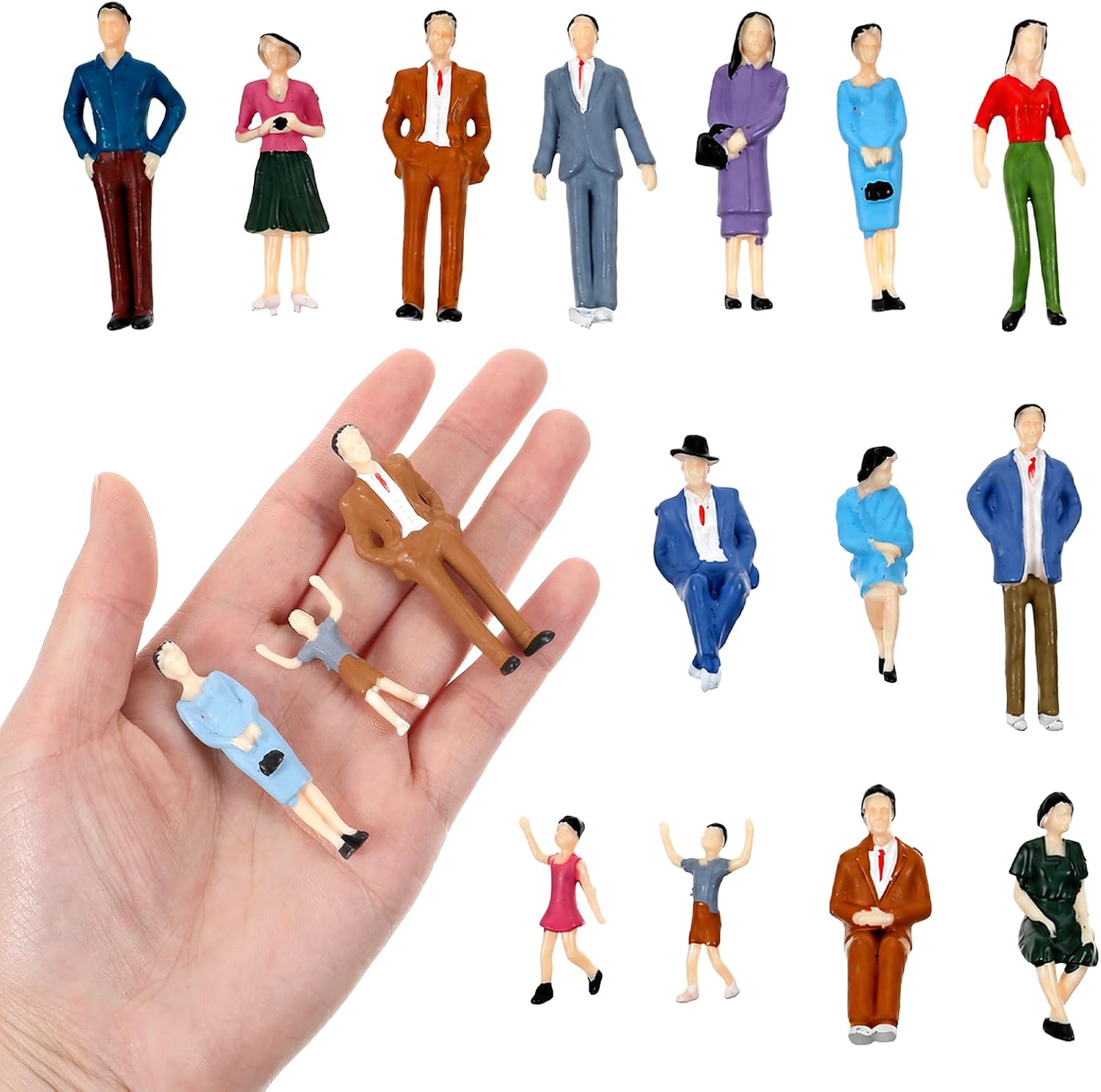 1: 30 Scale Mini People Figurines - 14pcs Sitting and Standing Miniature People Figurines Little Plastic Figurine for Miniature Scenes