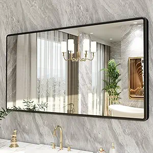 New Upgrade Bathroom Mirror, 55X30 Inch Black Metal Frame Wall Mounted Rounded Rectangle Bathroom Vanity Mirror with Tempered Glass for Washroom Bedroom Living Room