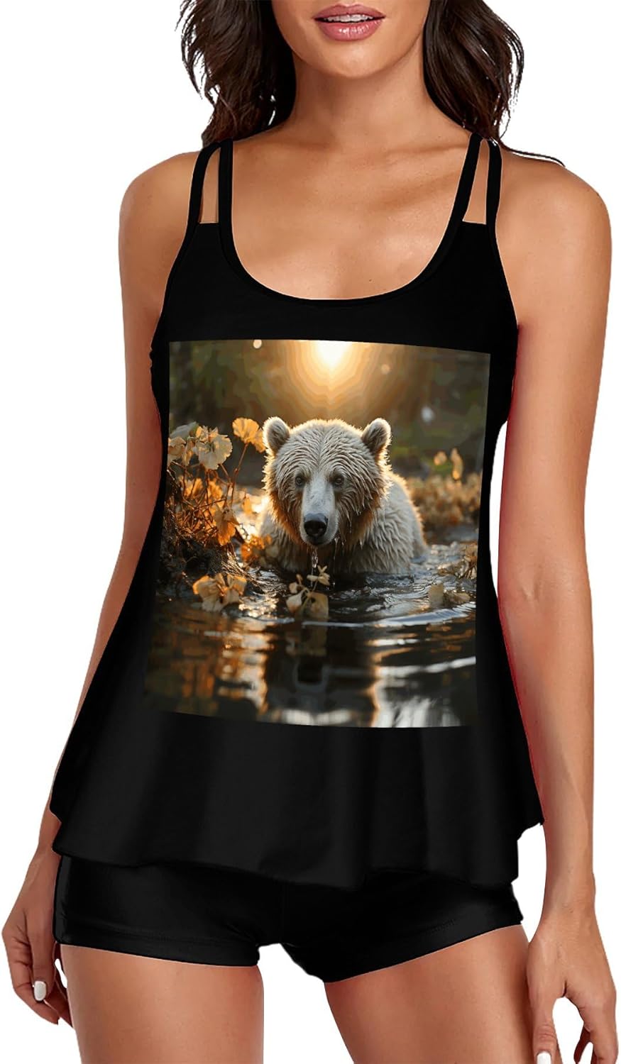 Bear Crossing The River Tankini Swimsuits for Women Tummy Control Two Piece Bathing Suits Swim Tops with Boy Shorts