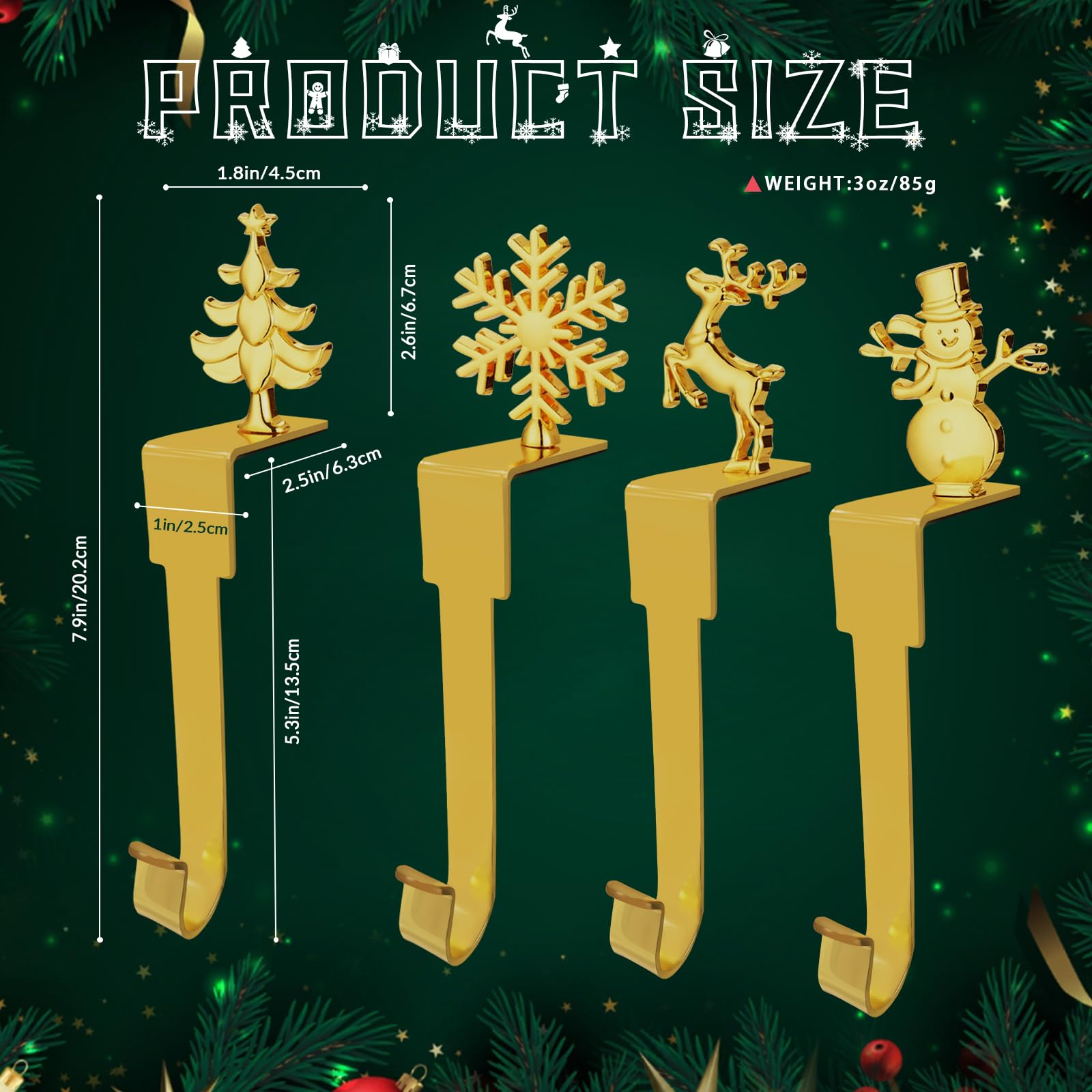 Juego de 4 soportes para calcetines de Navidad para chimenea, ganchos de metal dorado para calcetines de Navidad para chimenea, ganchos para calcetines de Navidad familiares