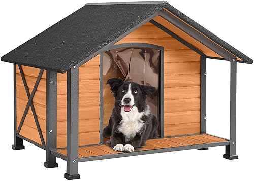 Miniatura 1 de Aivituvin Casa para perros con marco de metal antimasticación para exteriores, gran perrera de madera para exteriores con techo voladizo, gran