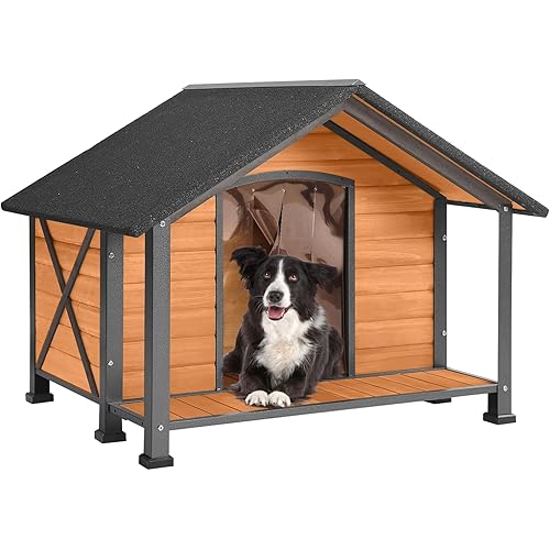 Aivituvin Dog House with Anti-Chewing Metal Frame Outdoor Large Wooden Dog Kennel Outside with Overhang Roof Large Porch Weatherproof