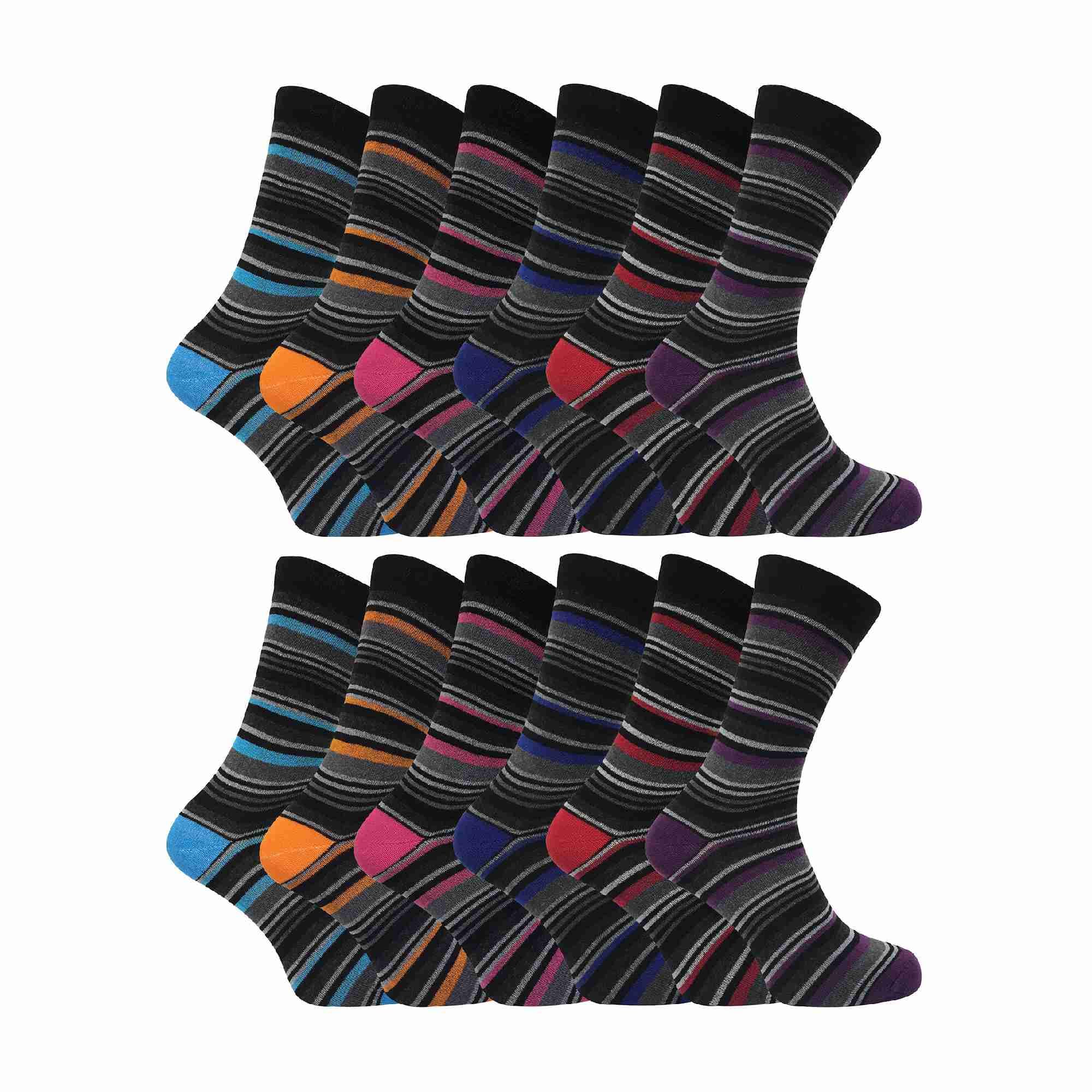 Sock Snob Men's Assorted 12 Pair Multipack Cotton Striped Socks | | 12 Pair Multipack | Orange Purple Pink Blue & Red Striped Socks (6-11, )